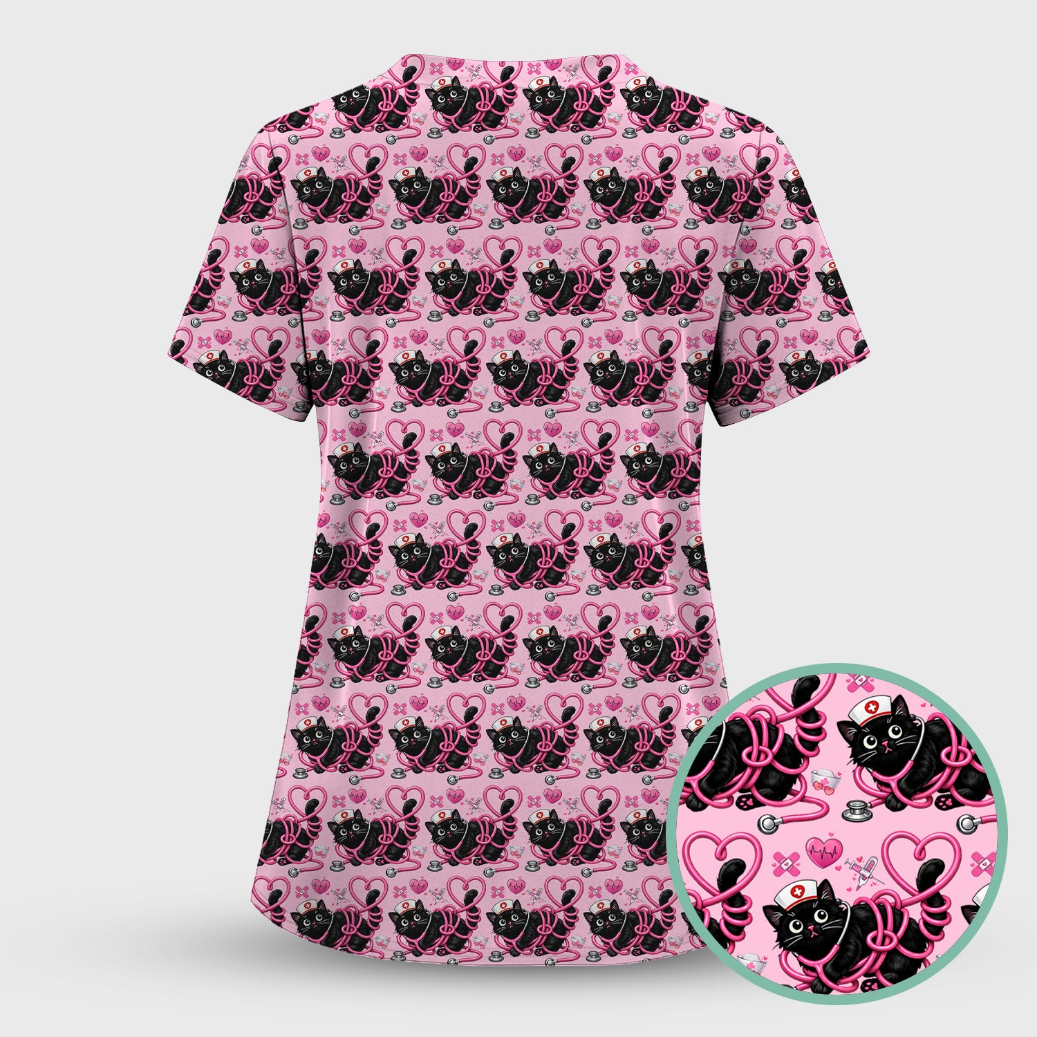 Valentine Cute Cat Nurse Heart Print Scrub Top, Comfortable Scrubs for Nurses
