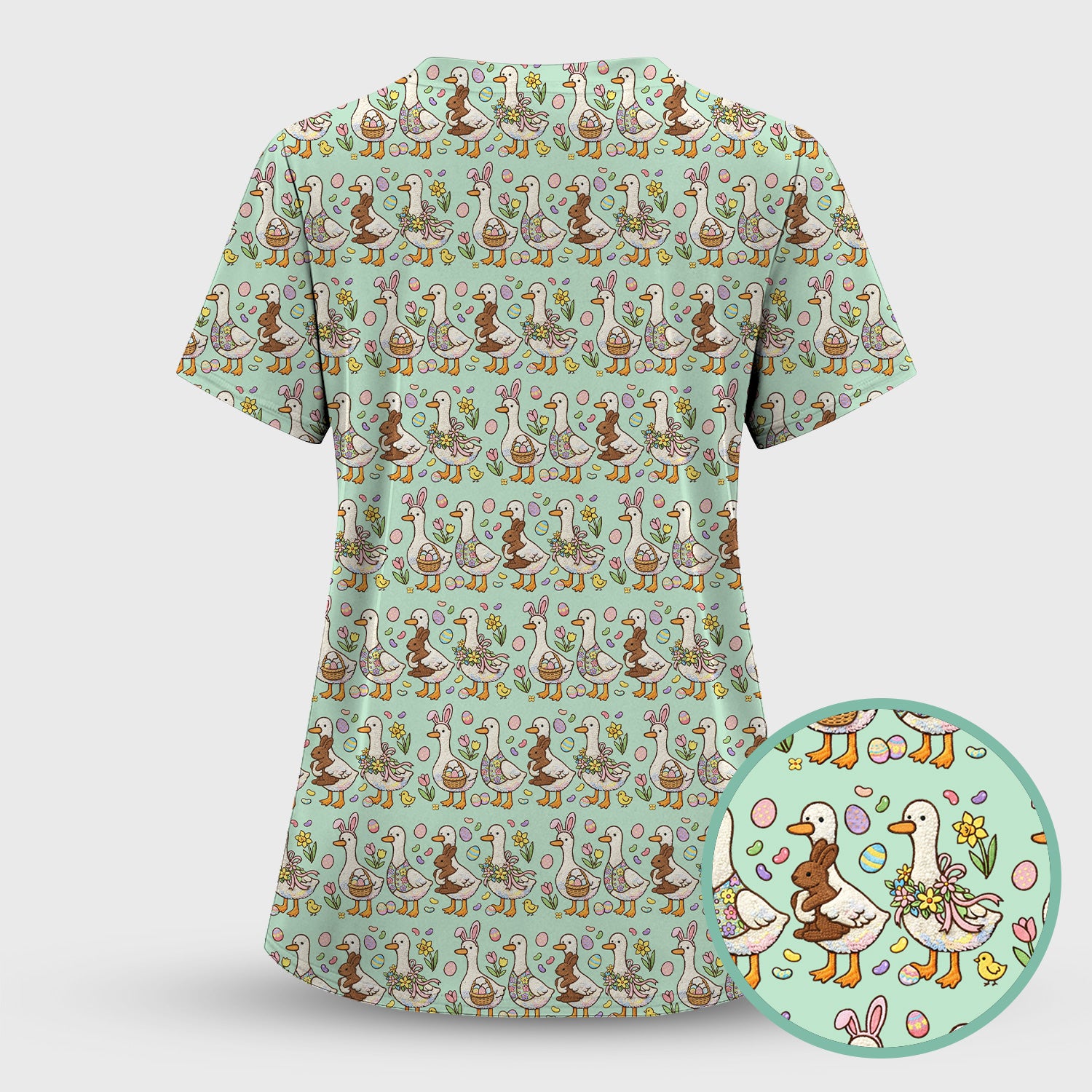 Easter Theme Duck and Bunny Egg Floral Print Scrub Top, Comfortable Scrubs for Nurses