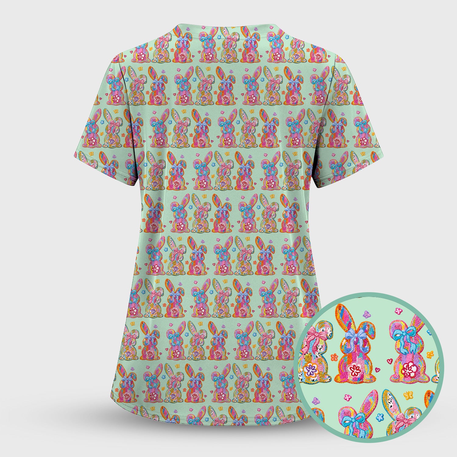 Cute Pastel Bunny Floral Pattern Scrub Top, Comfortable Scrubs for Nurses, Easter