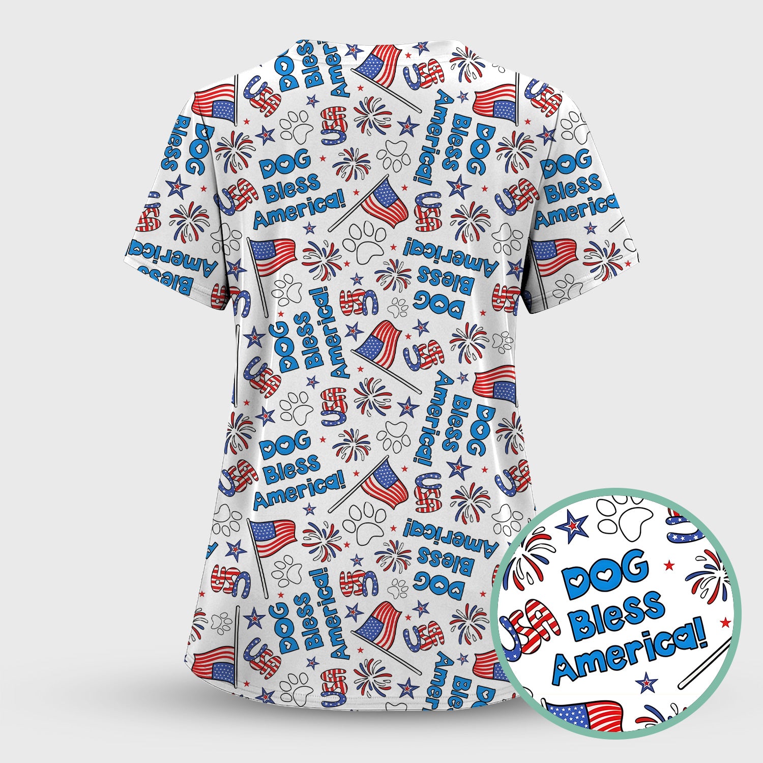 Funny Patriotic Dog Bless America Flag Pattern Scrub Set, Scrub Pants and V Neck Top