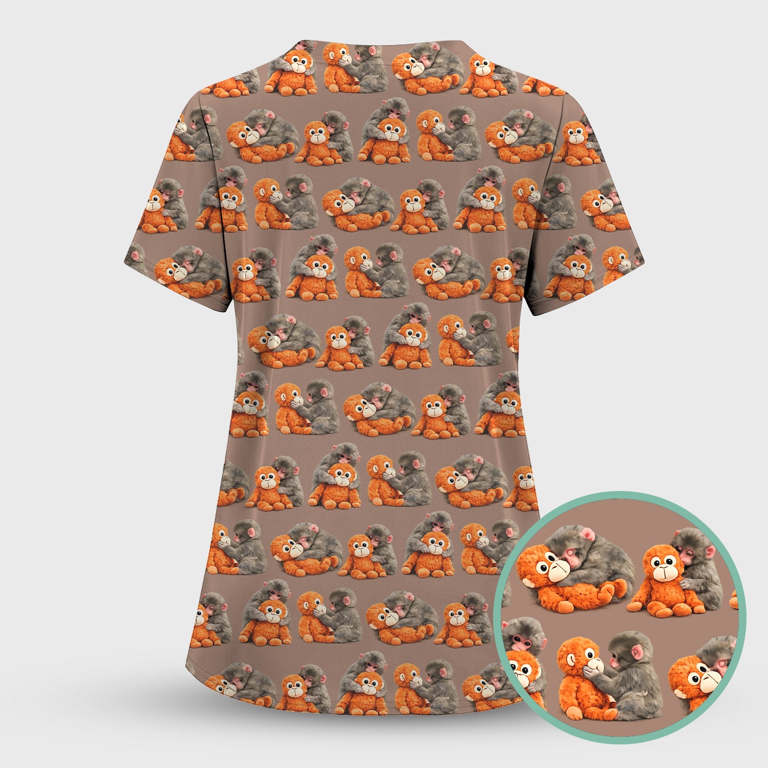 Cute Baby Monkey Plush Toy Animal Pattern Scrub Top, Breathable Medical Uniform Top