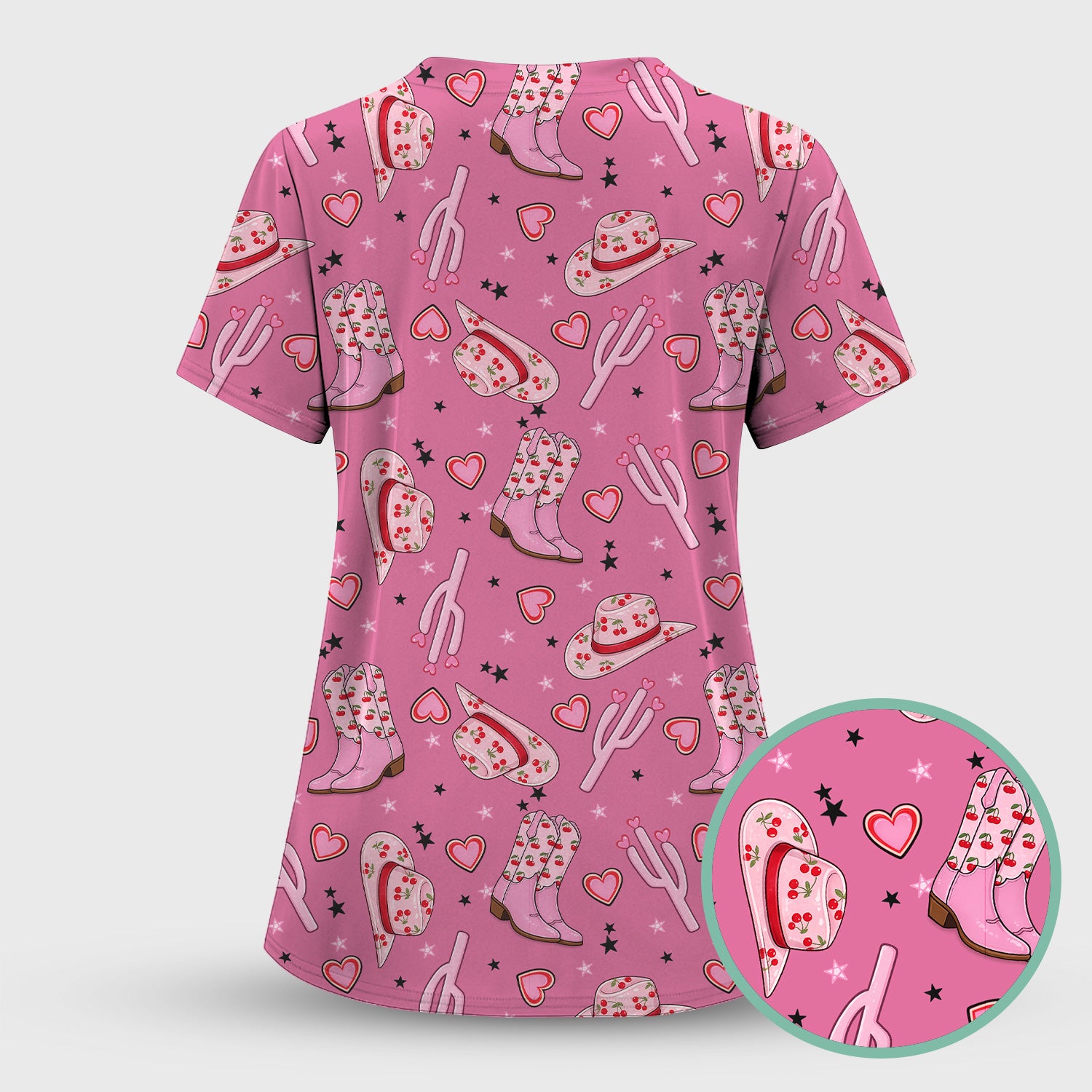 Pink Cowgirl Western Boots Hat Pattern Scrub Top, Breathable Medical Uniform Top