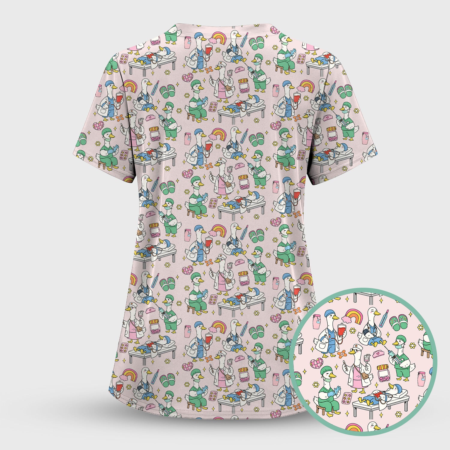 Funny Nurse Duck Medical Doodle Pattern Scrub Top, Comfortable Nurse Workwear Top