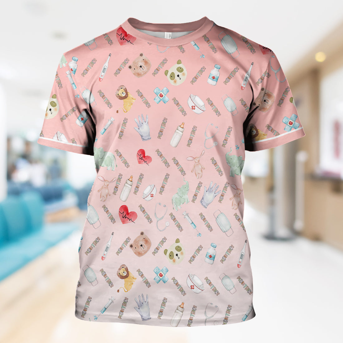 Pediatric Nurse Shirt for Women - Cute Medical Work Tee with Baby Animal & Stethoscope Print - Gift for RN CNA LPN