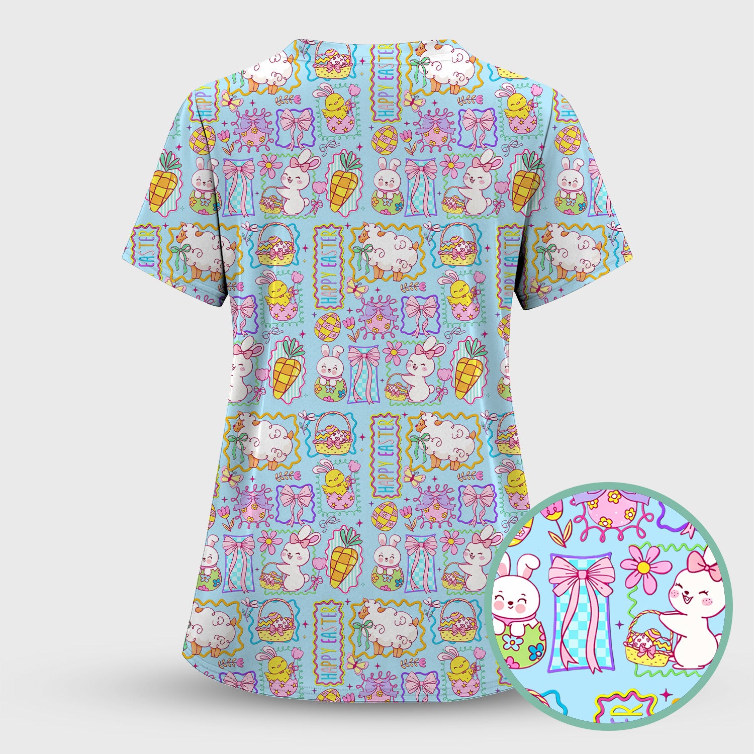 Cute Easter Bunny Egg and Bow Print Scrub Top, Breathable Fabrics Nursing Uniform