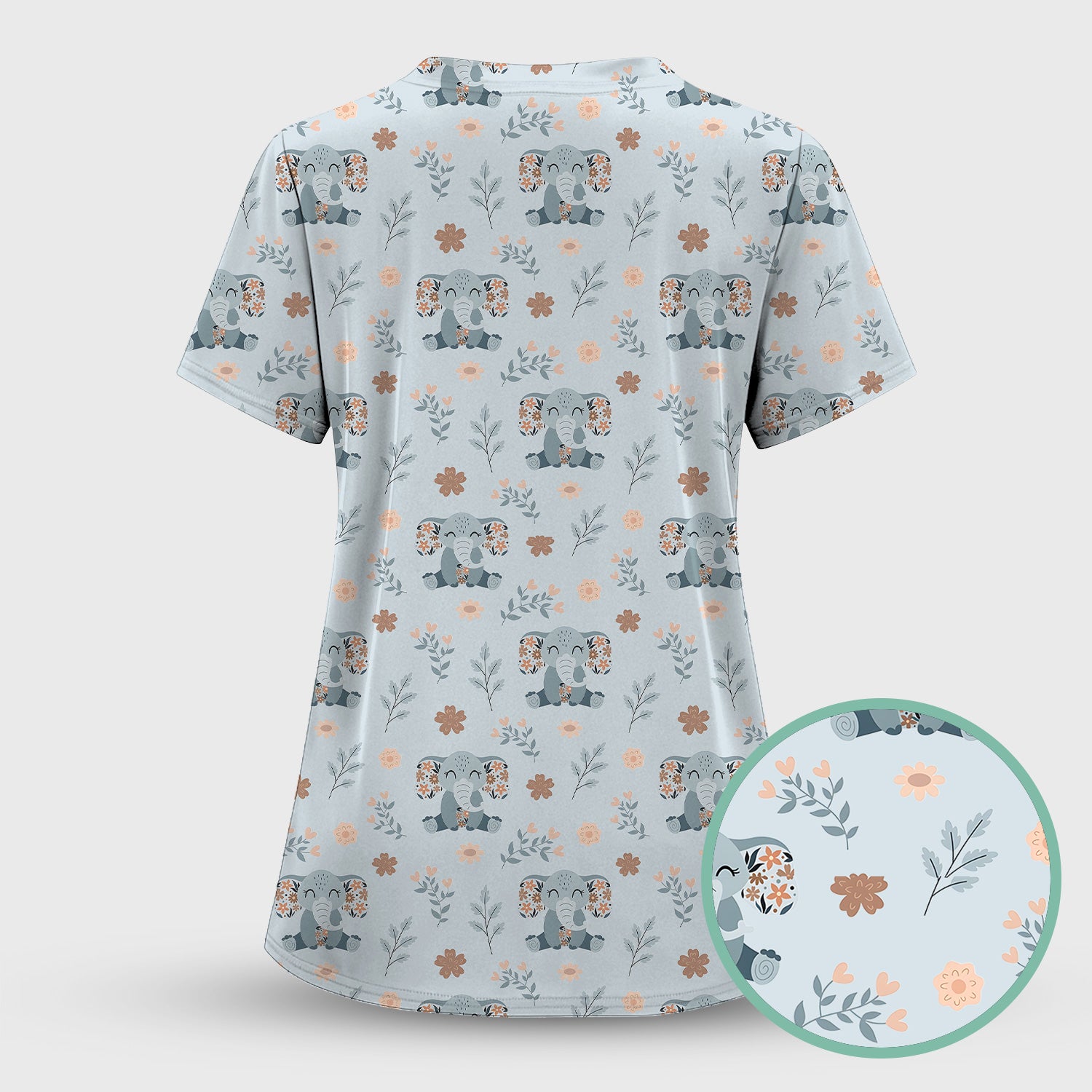 Cute Elephant Floral Print Scrub Top, Comfortable Scrubs for Nurses