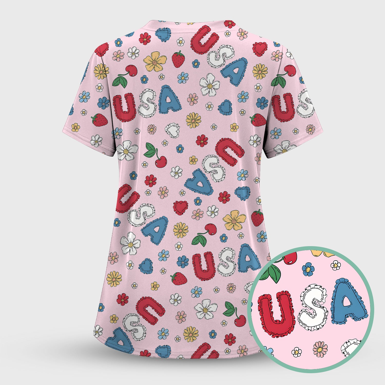 USA Cherry Strawberry Floral Patch Pattern Scrub Set, Scrub Pants and V Neck Top