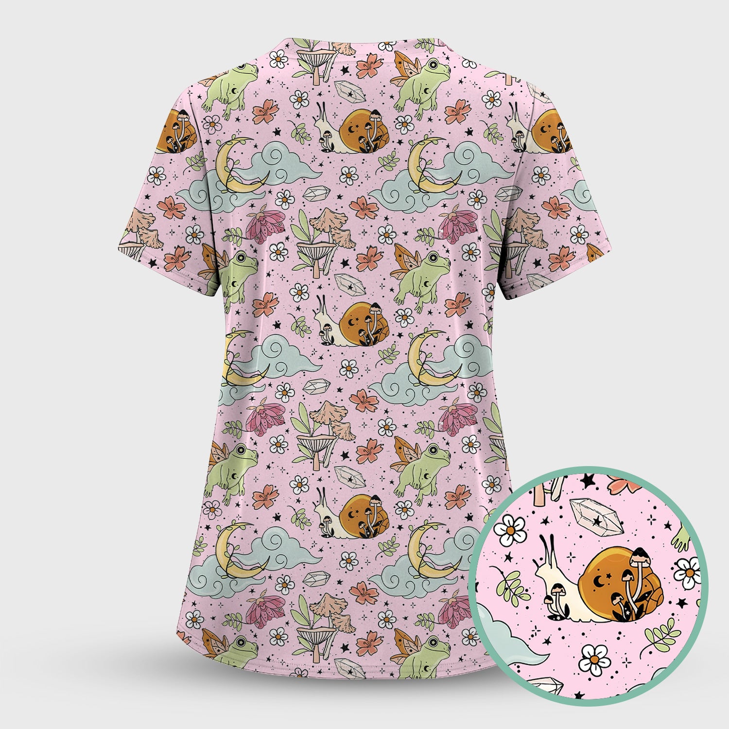 Whimsical Frog Moon Mushroom Pattern Scrub Top, Fantasy Nature Print, Breathable Fabrics Nursing Uniform