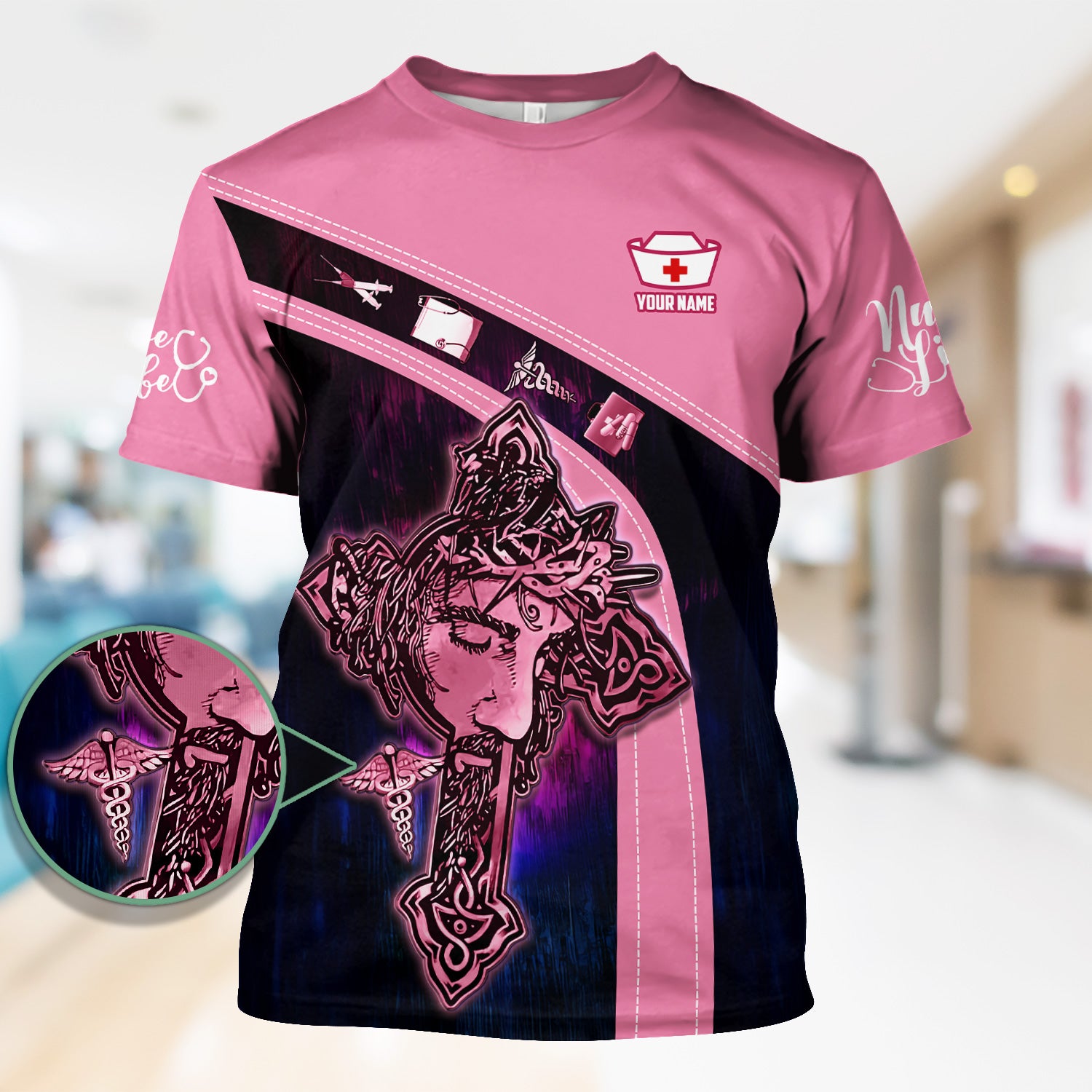 Personalized Christian Nurse T-Shirt - Jesus on the Cross Faith Graphic Tee - Gift for RN LPN CNA Healthcare Professionals