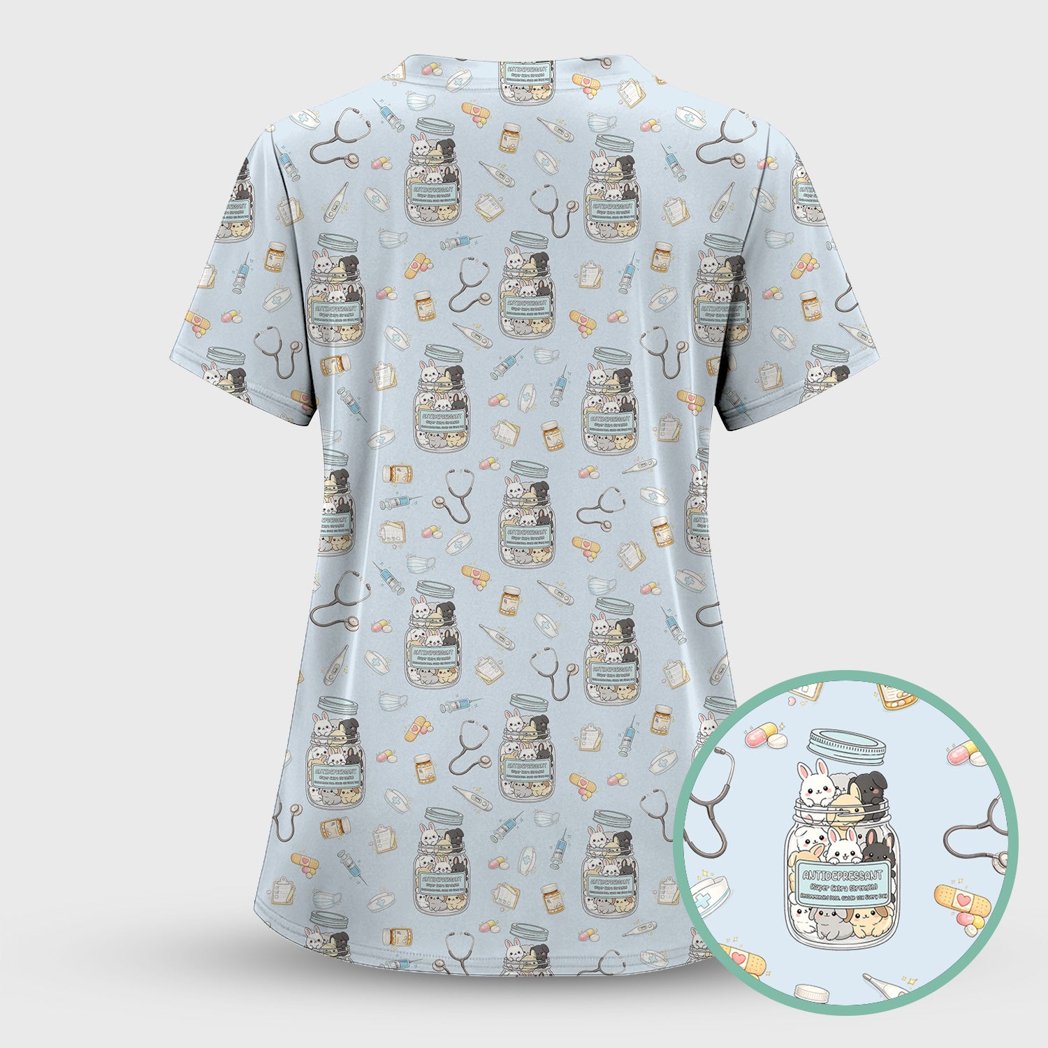 Whimsical Antidepressant Rabbit Jar Design Nurse Scrub Top, Soft & Breathable Workwear