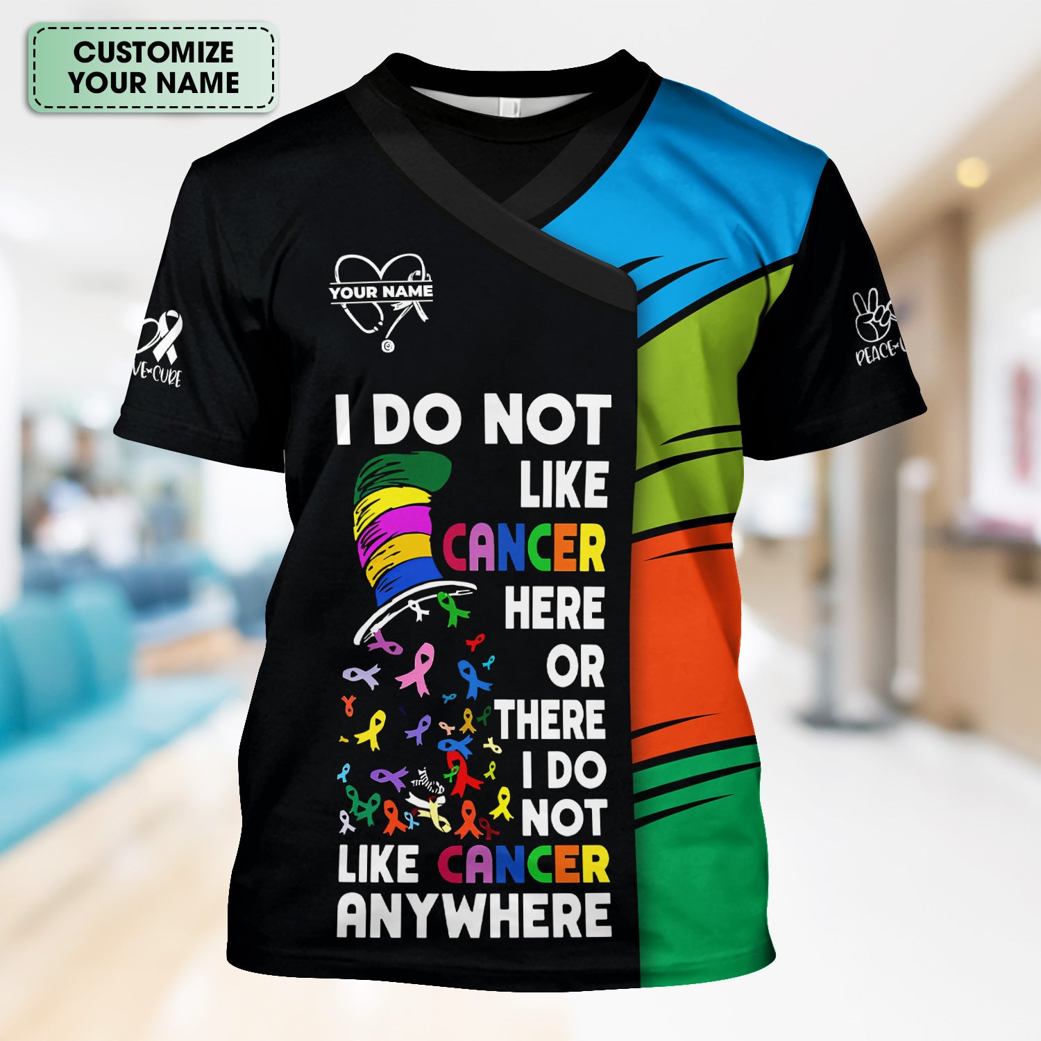 Personalized Breast Cancer Awareness Scrub Top - I Do Not Like Cancer Anywhere - Gift for Women RN LPN