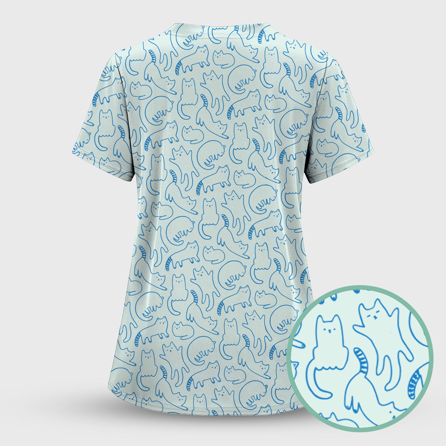 Artistic Cat Pattern Medical Scrub Top, Breathable Fabrics Nursing Uniform