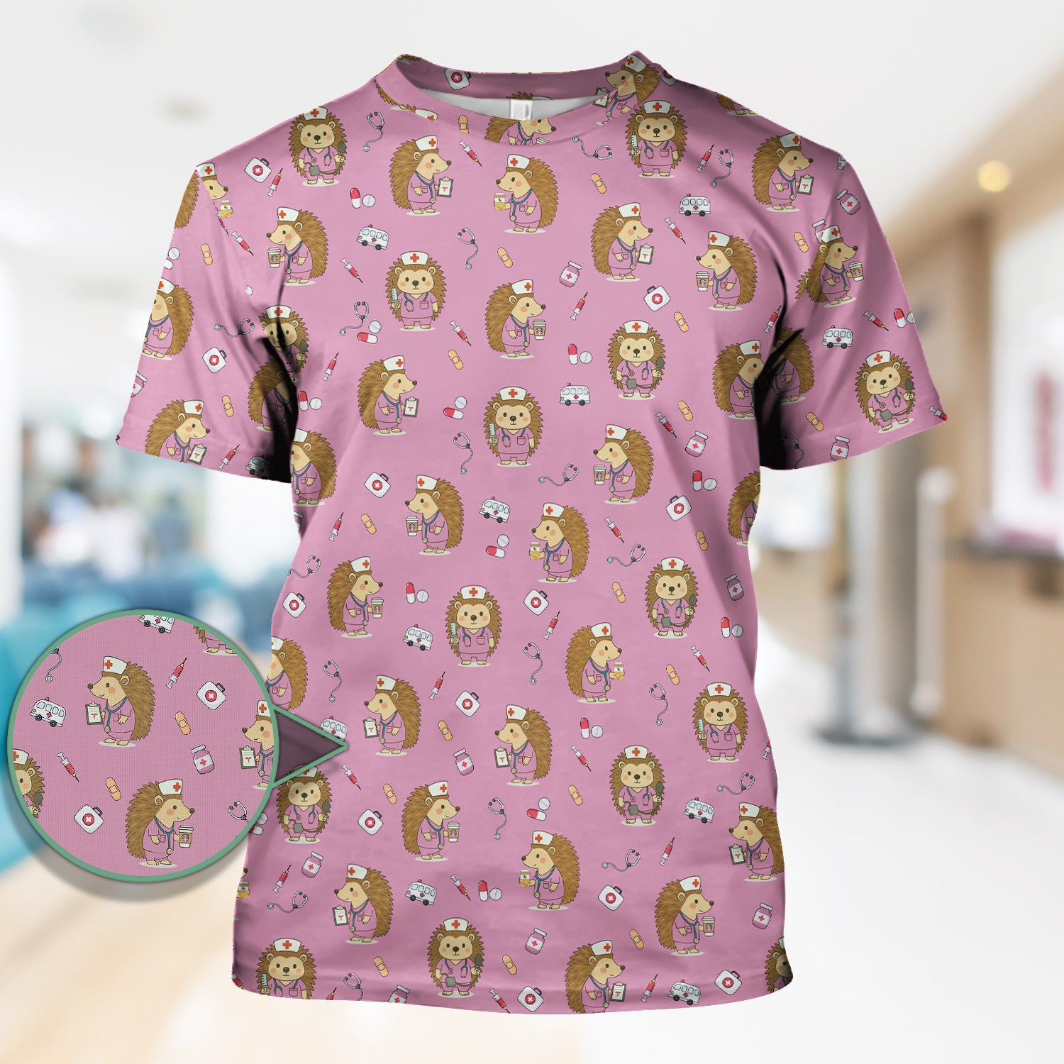 Cute Hedgehog Nurse Scrub Top - Funny Animal & Medical Design - Gift for Women RN LPN Pediatric Nurses