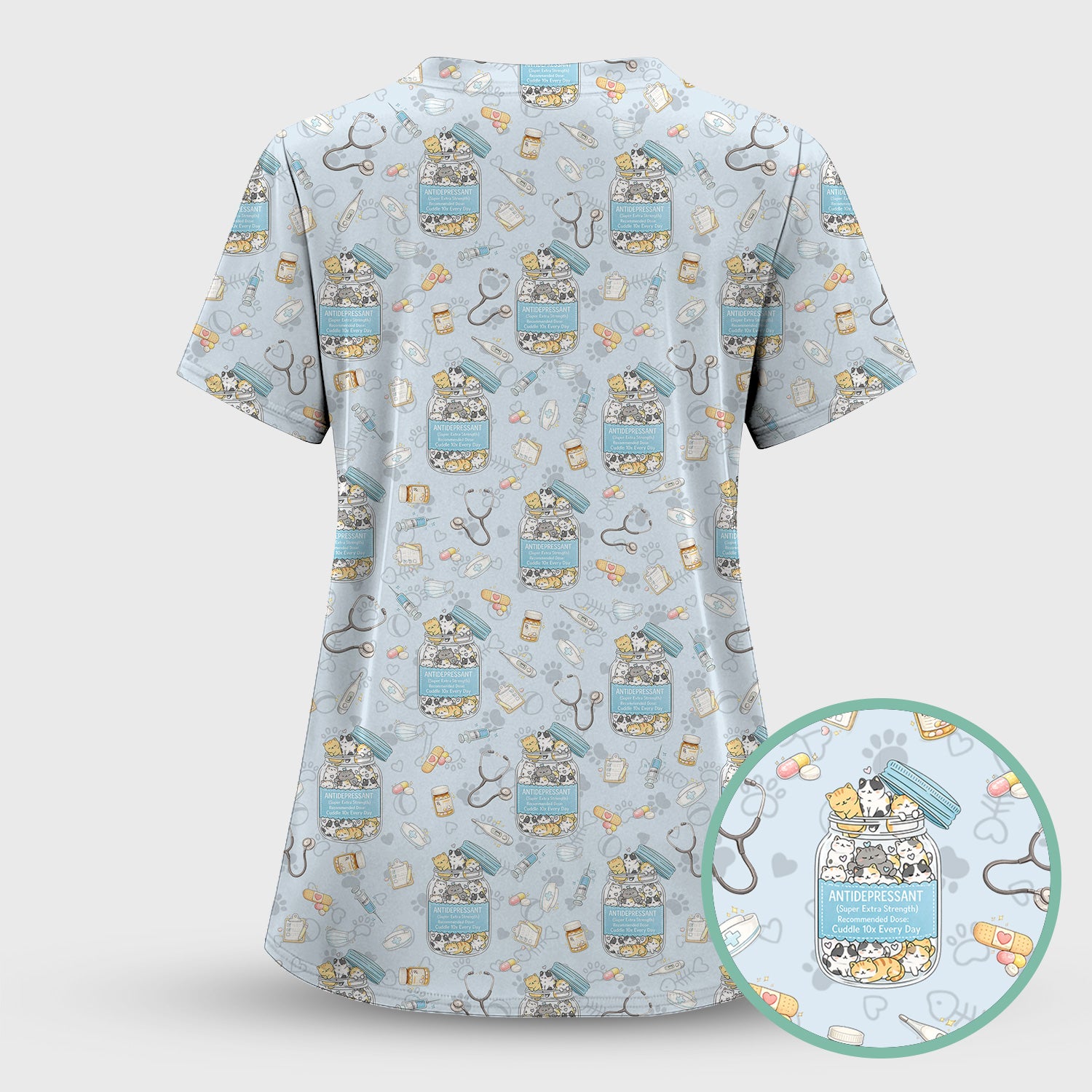 Cute Antidepressant Cat Jar Print Nurse Scrub Top, Breathable Fabrics Nursing Uniform