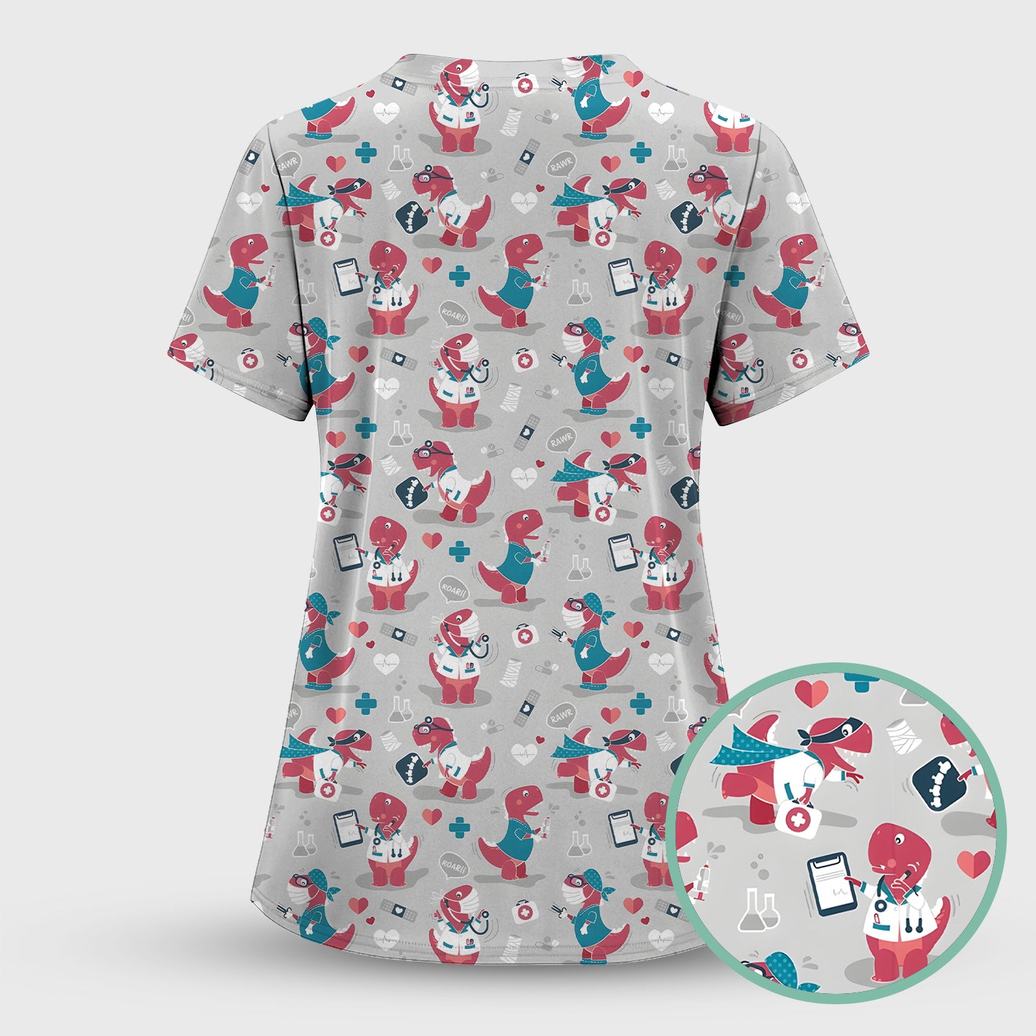 Cute Dinosaur Doctor Medical Pattern Scrub Top, Breathable Fabrics Nursing Uniform