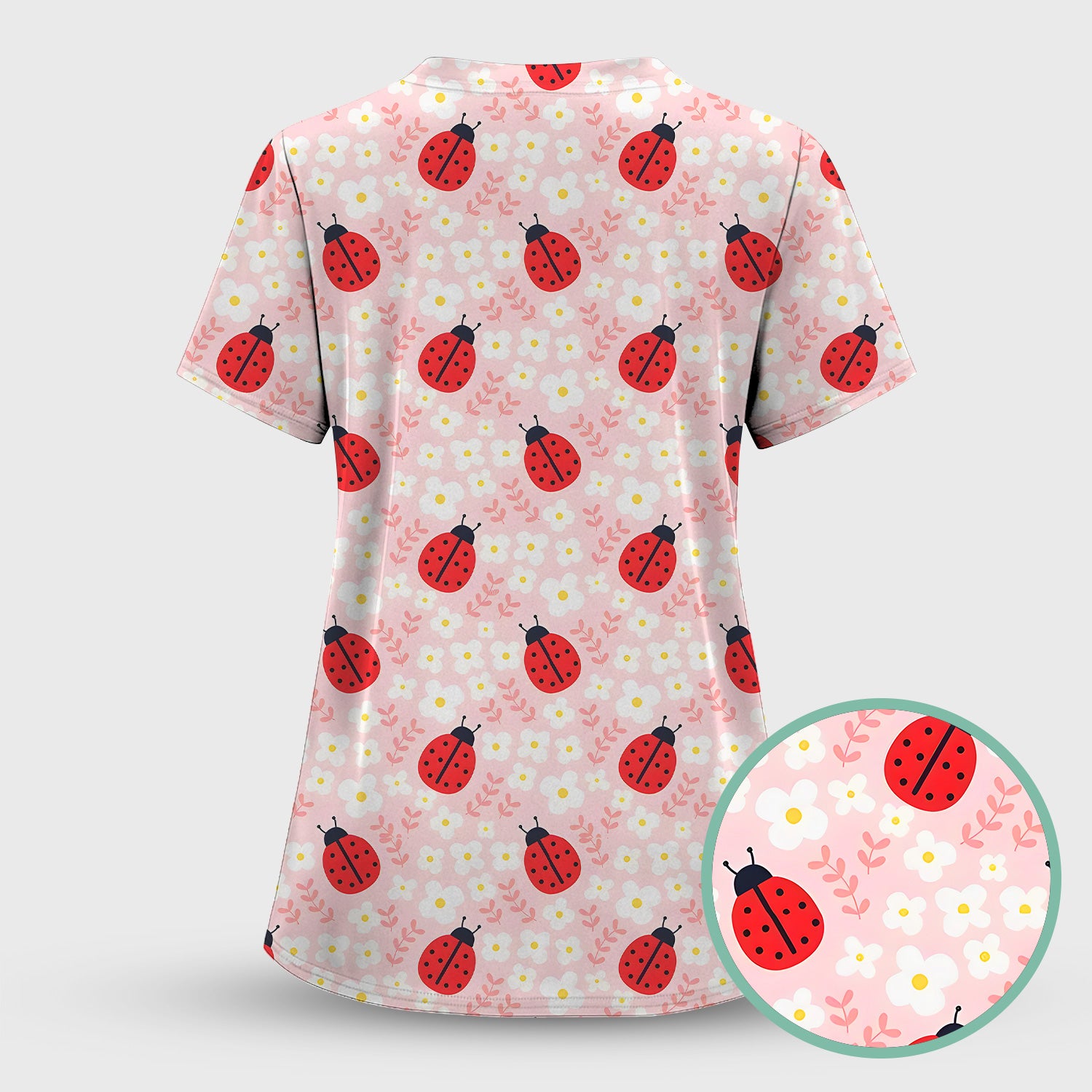 Cute Ladybug Blossom Print Scrub Top, Pastel Garden Medical Scrubs for Women
