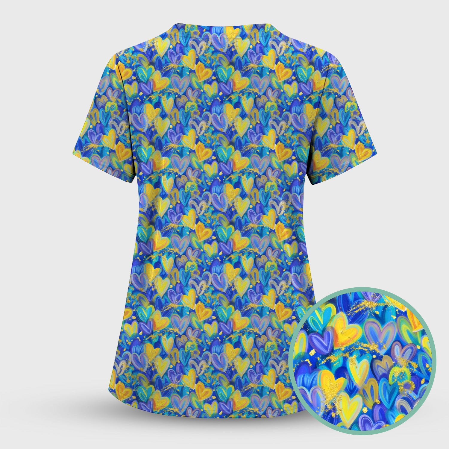 Blue and Yellow Layered Heart Gold Splatter Print Scrub Top, Artistic Scrubs for Nurses