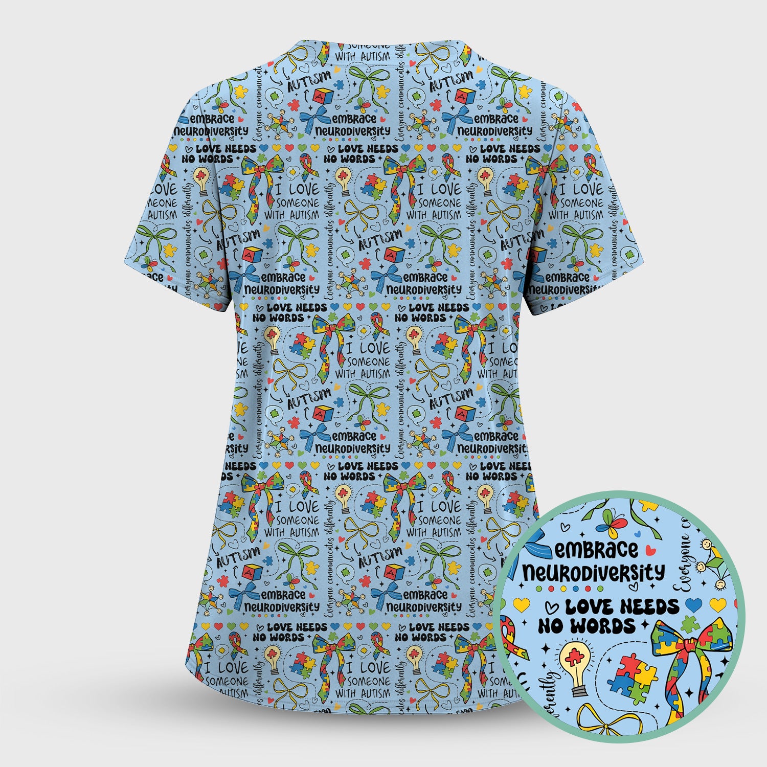 Autism Awareness Puzzle Ribbon Pattern Scrub Set, Scrub Pants and V Neck Top