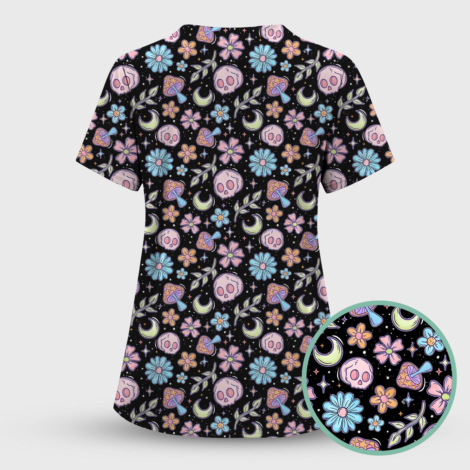 Neon Skull Mushroom Floral Scrub Top, Colorful Gothic Nurse Scrubs Uniform