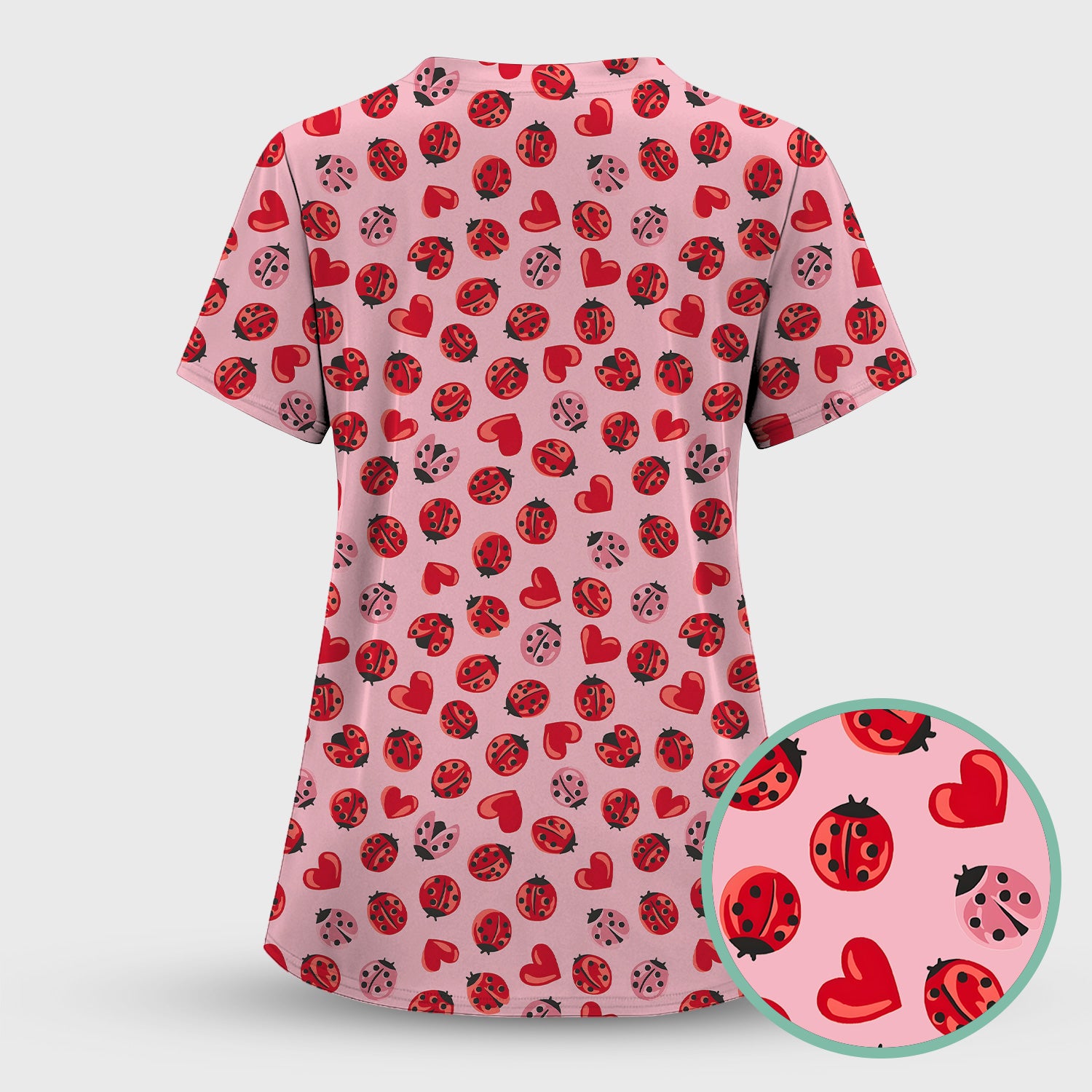 Cute Ladybug and Red Heart All Over Print Scrub Top, Comfortable Scrubs for Nurses