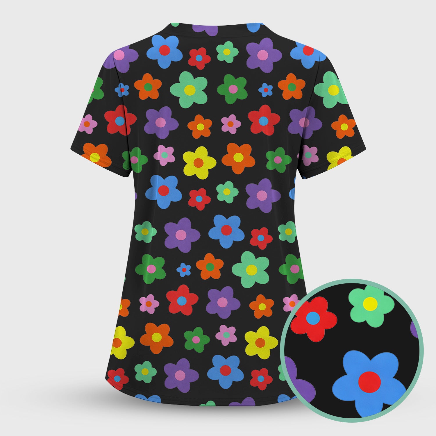 Colorful Retro Flower Pattern Print Scrub Top, Breathable Fabrics Nursing Uniform