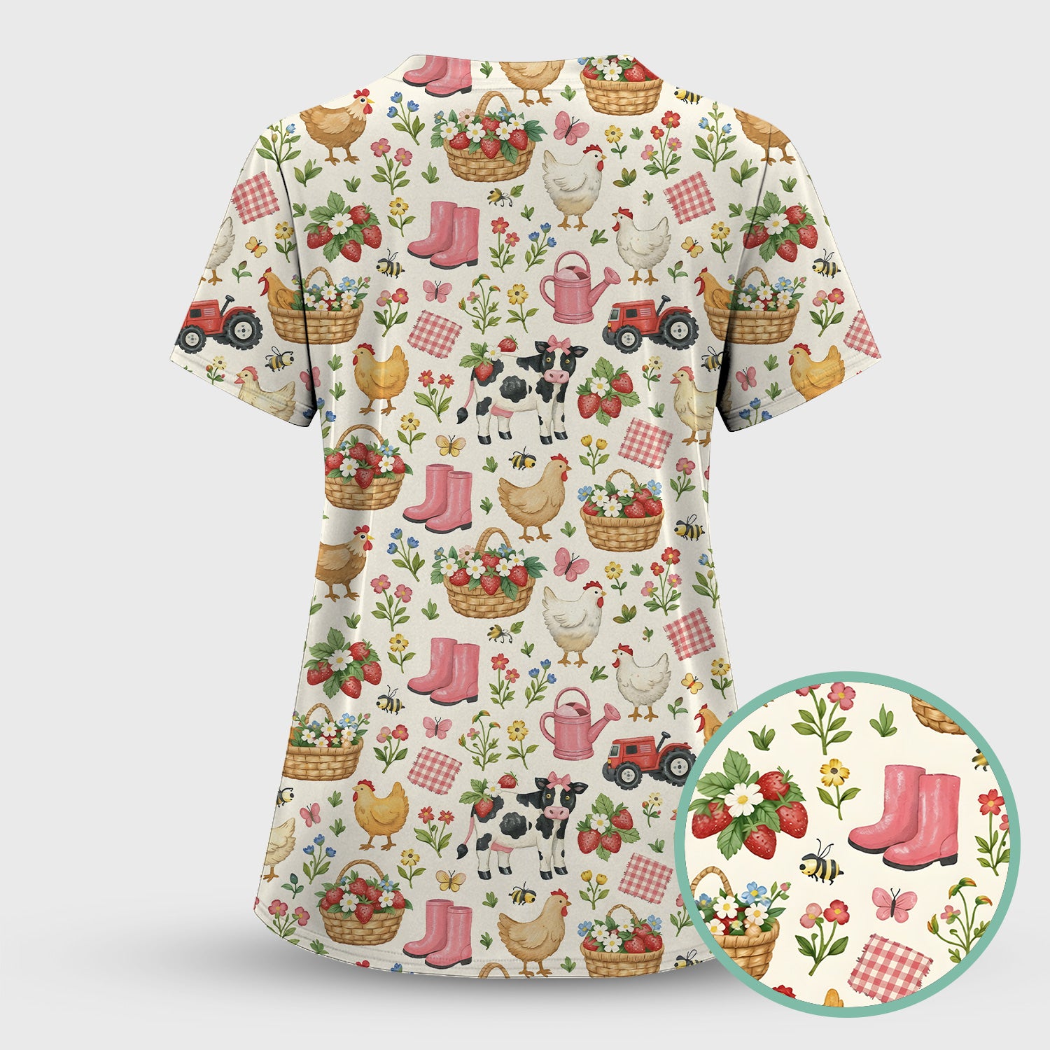Whimsical Farm Animals Garden Pattern Scrub Top, Comfortable Scrubs for Nurses