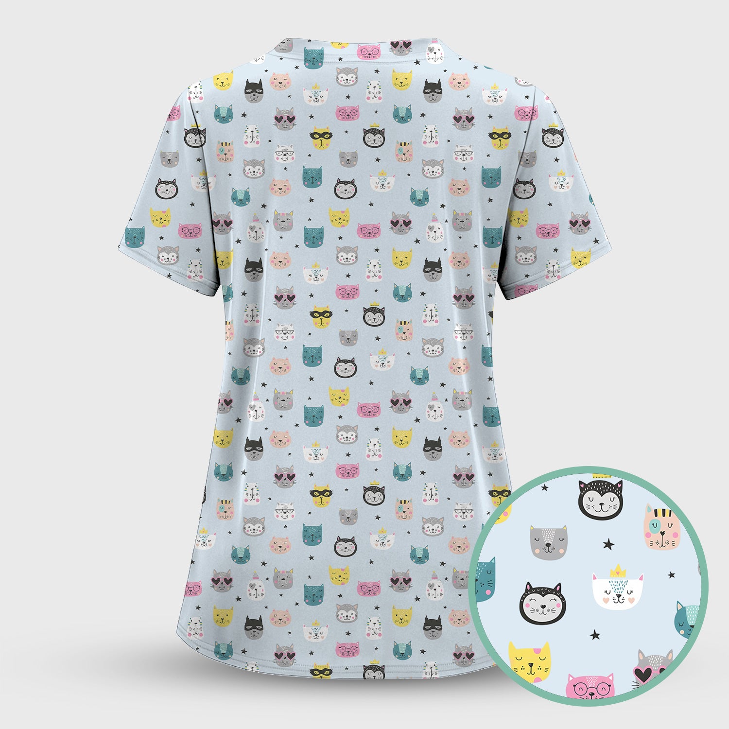 Cute Colorful Cat Pattern Scrub Top, Comfortable Scrubs for Nurses