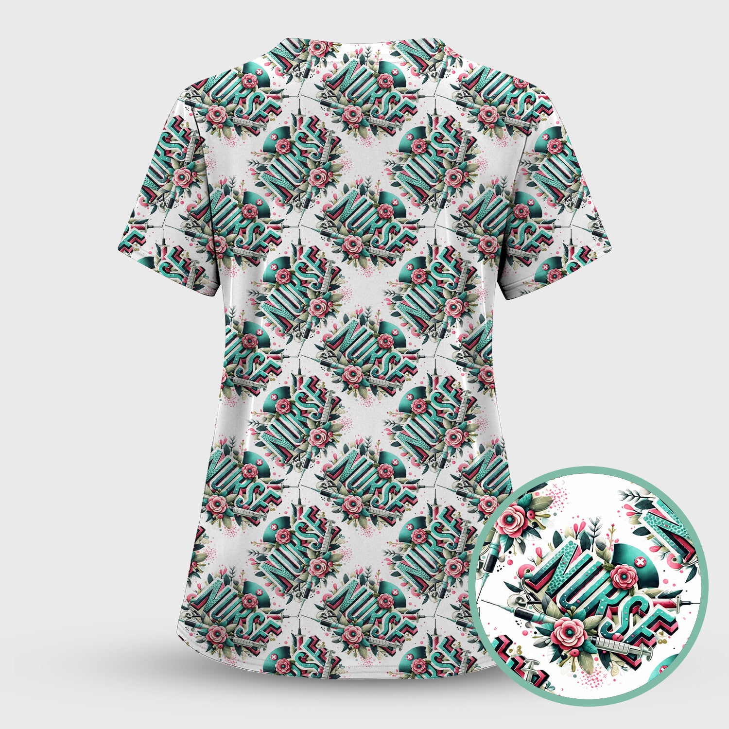 Cute Nurse Typography Floral Medical Pattern Scrub Set, Scrub Pants and V Neck Top
