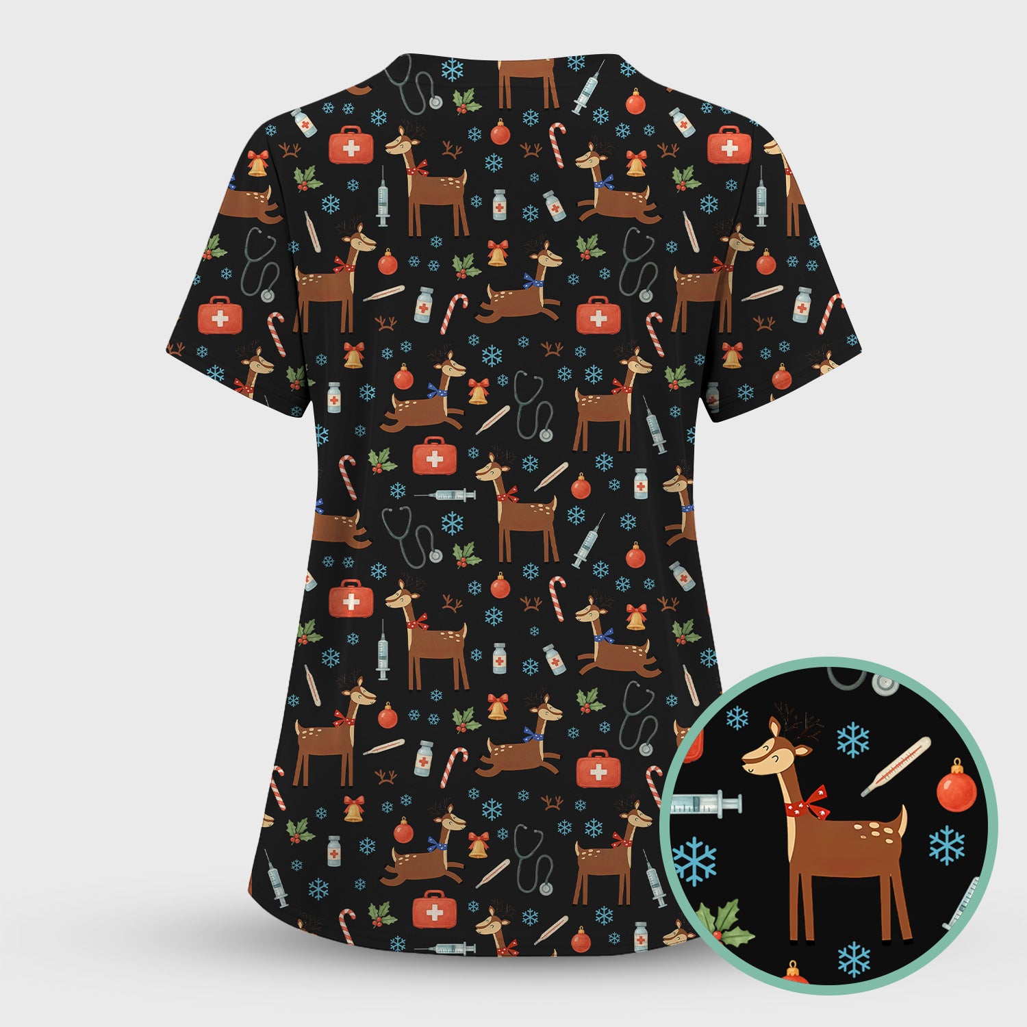Christmas Reindeer Scrub Top for Nurses - Cute Reindeers Snowflakes Candy Canes Shirt - Comfortable Med Uniform