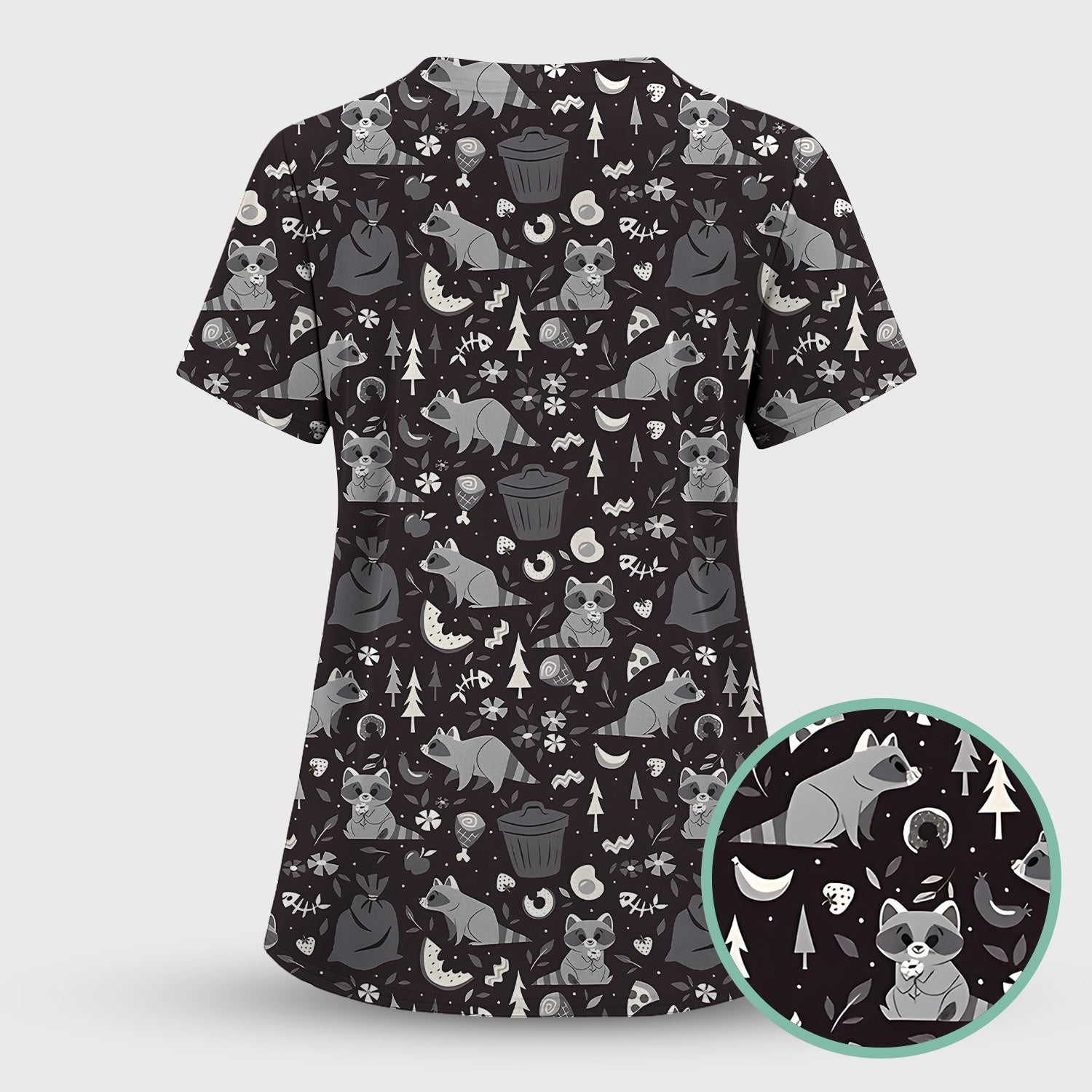 Cute Raccoon Forest Food Pattern Scrub Top, Breathable Fabrics Nursing Uniform