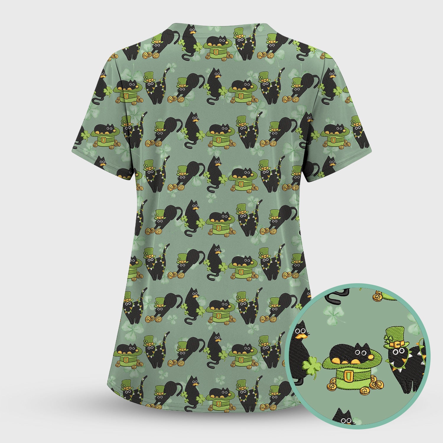 St. Patrick Black Cat Clover Print Nurse Scrub Top, Comfortable Scrubs for Nurses