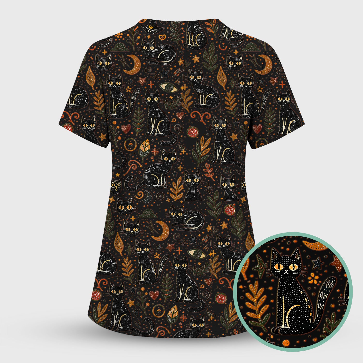 Mystic Black Cat Celestial Doodle Pattern Scrub Top, Comfortable Scrubs for Nurses