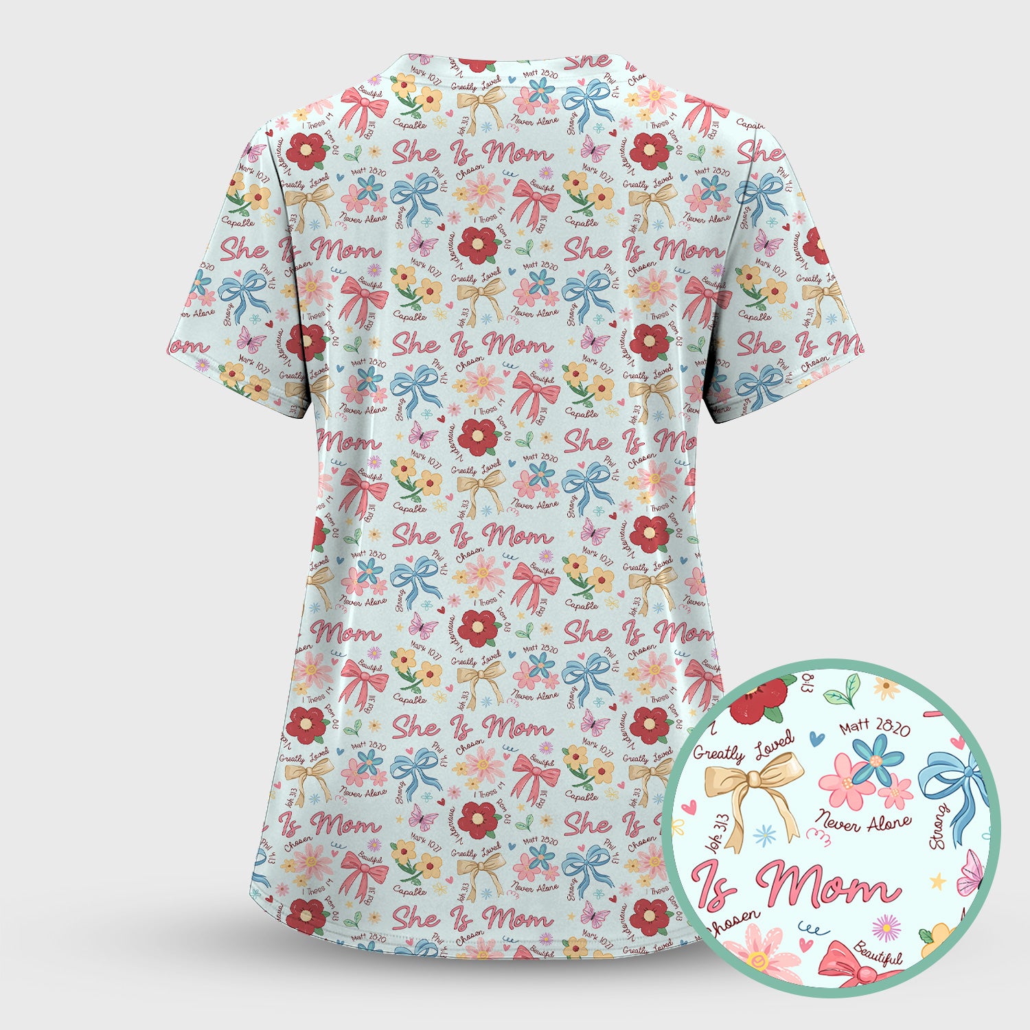 She Is Mom Floral Bow Pattern Scrub Top, Comfortable Scrubs for Nurses
