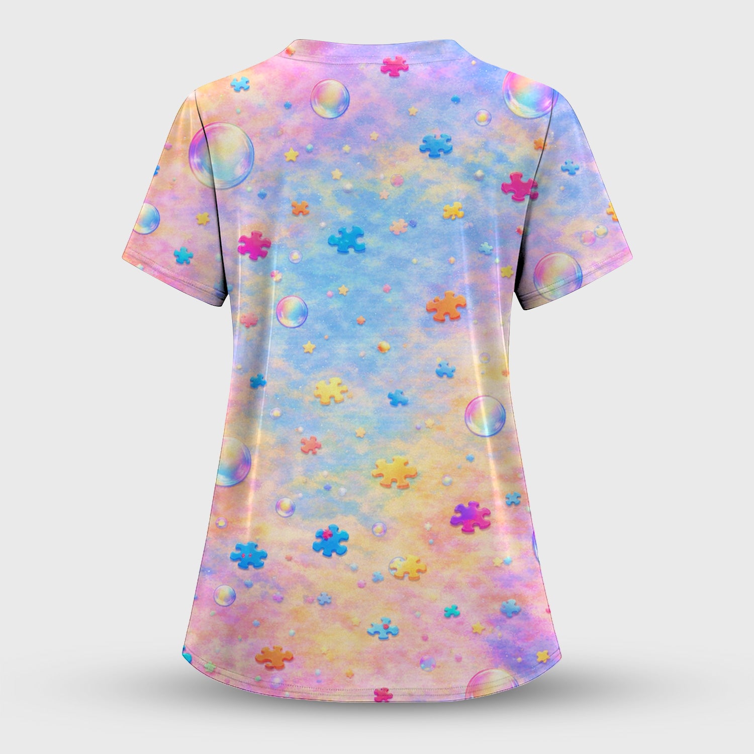 Autism Puzzle Sea Turtle Pastel Rainbow Print Scrub Top, Comfortable Scrubs for Nurses