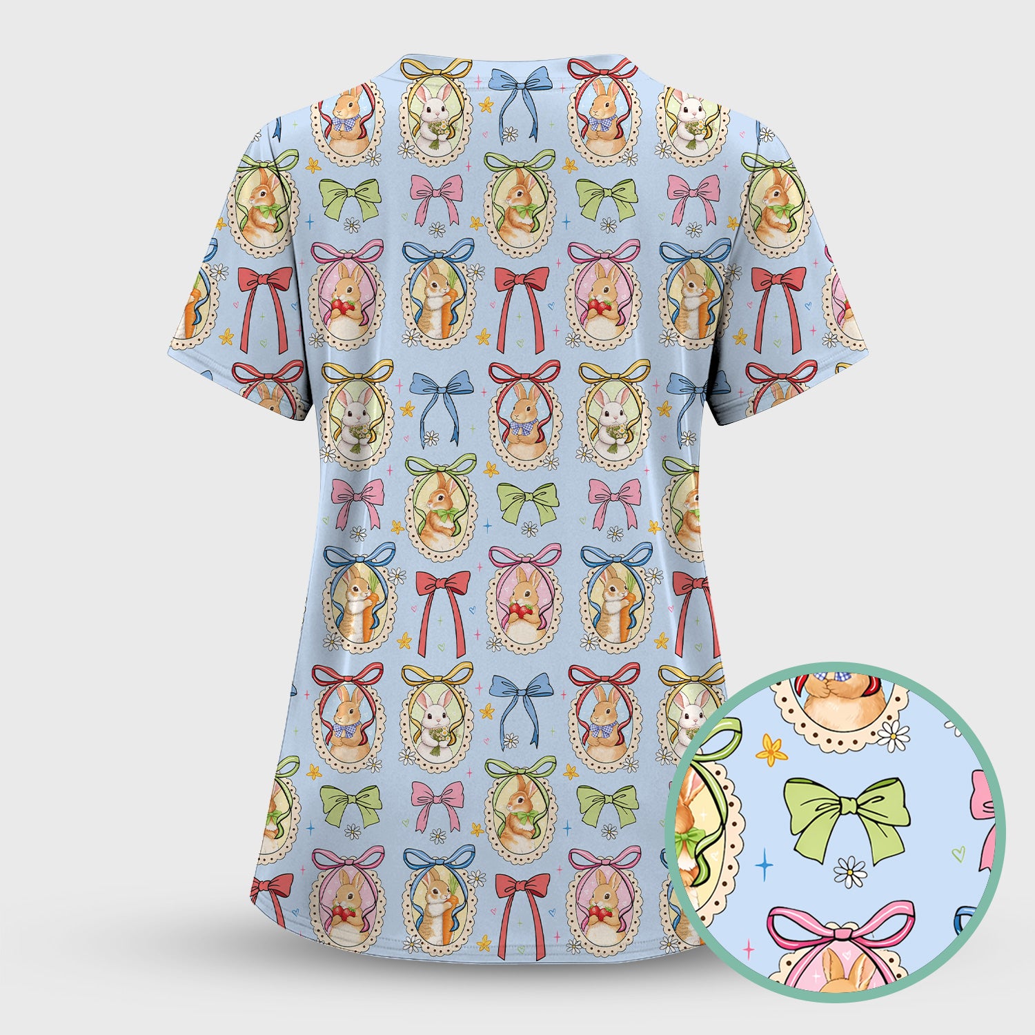 Cute Easter Bunny Cameo Colorful Bow Pattern Scrub Top, Breathable Fabrics Nursing Uniform
