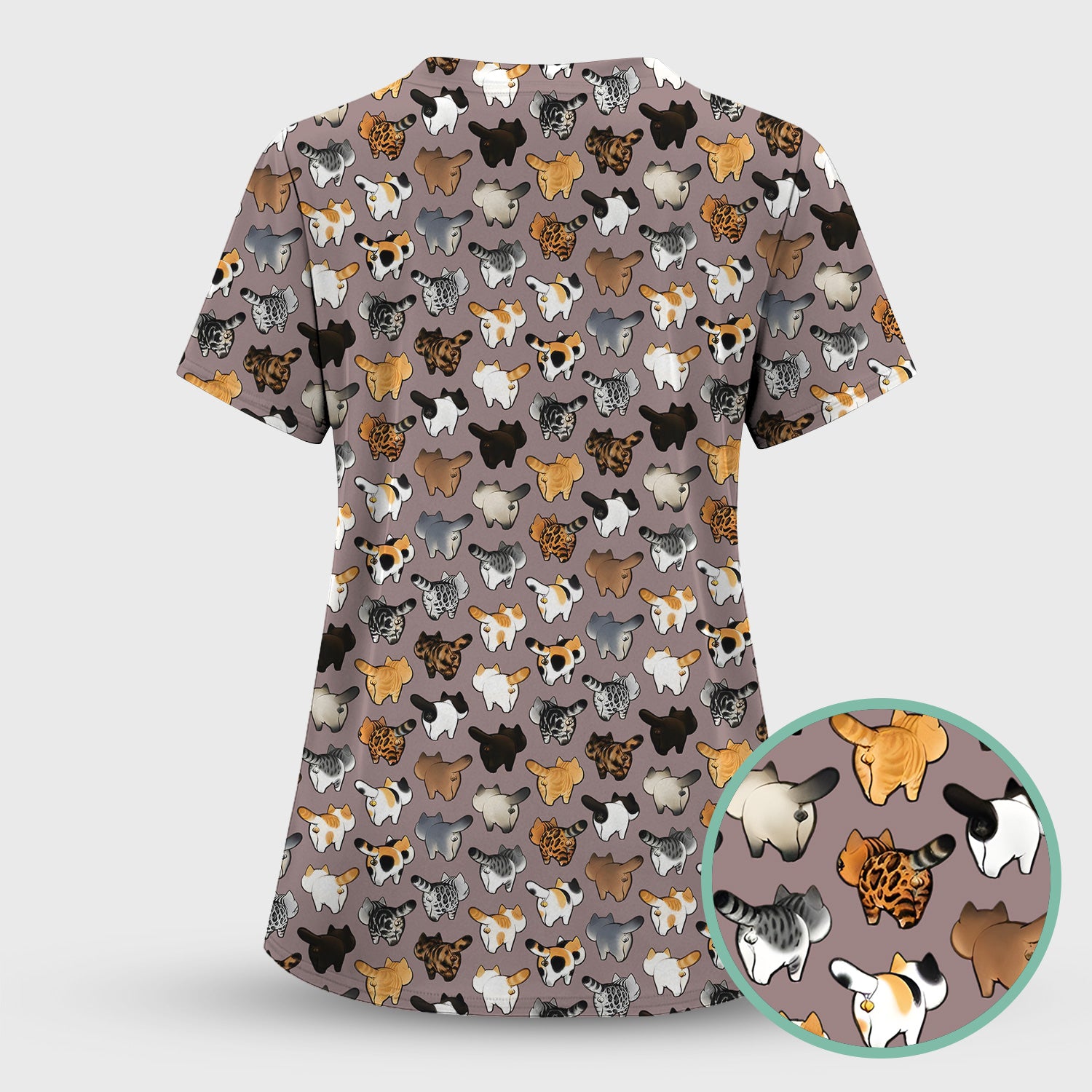 Cat Butt Pattern Medical Scrub Top, Breathable Fabrics Nursing Uniform