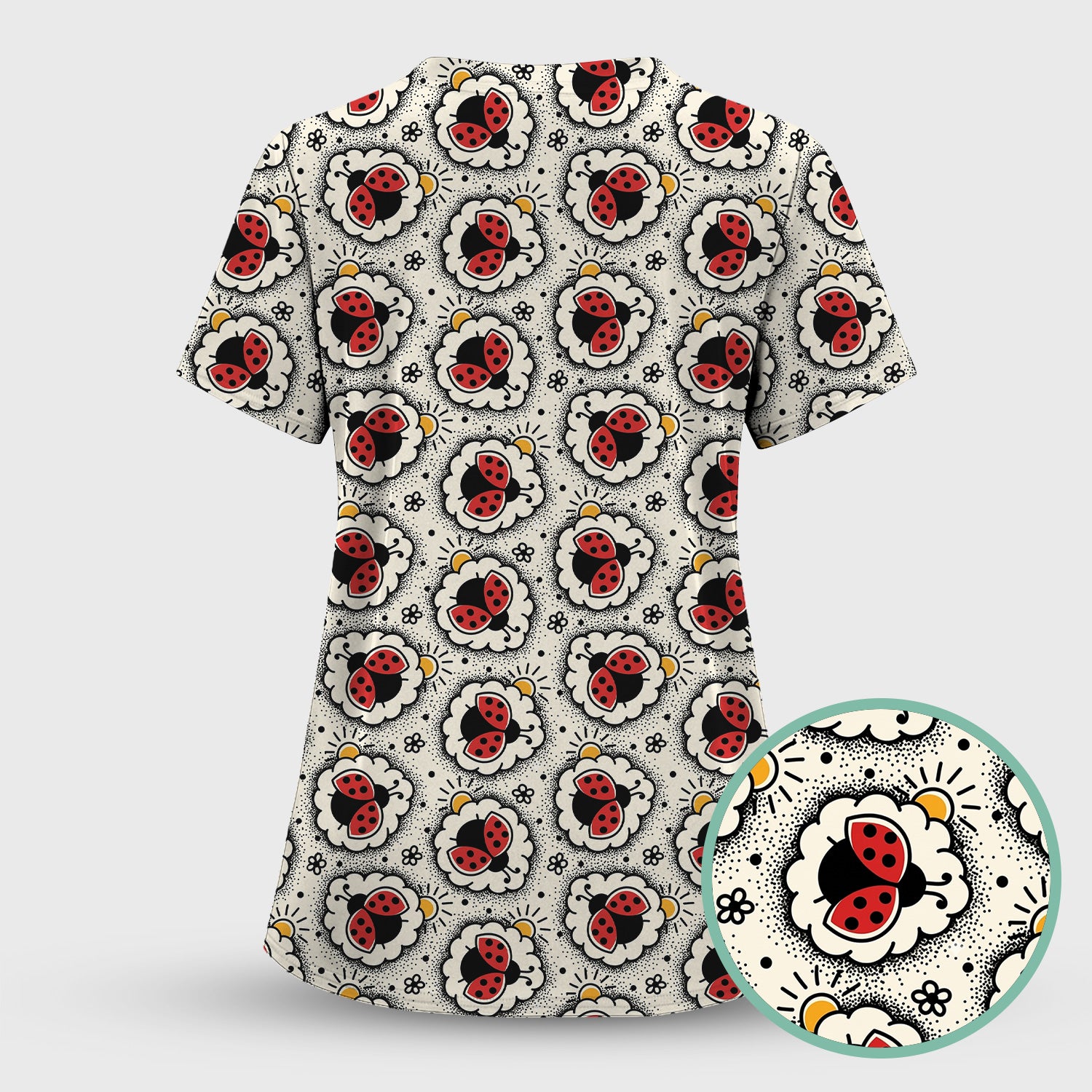 Cute Ladybug in Floral Frame Pattern Scrub Top, Breathable Fabrics Nursing Uniform