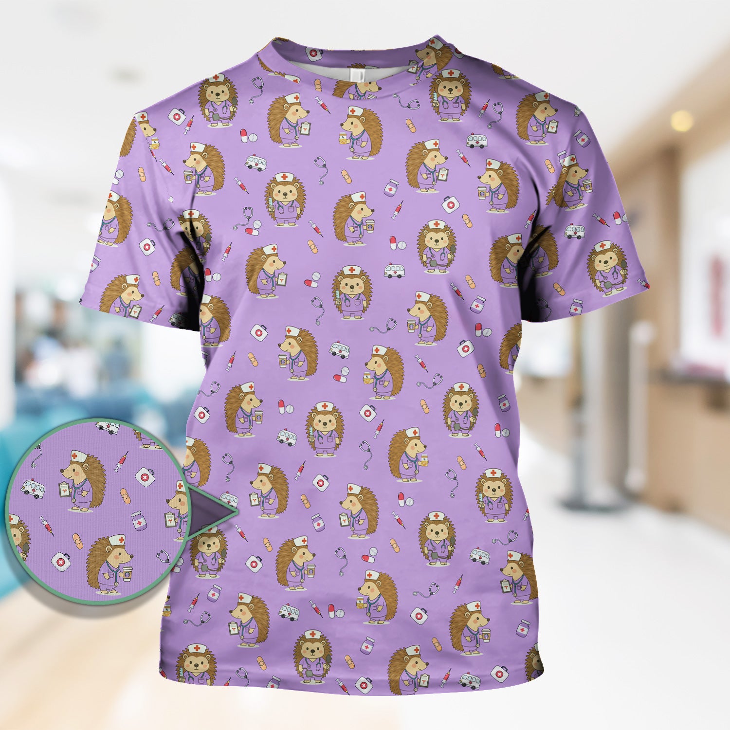 Cute Hedgehog Nurse Scrub Top - Funny Animal & Medical Design - Gift for Women RN LPN Pediatric Nurses