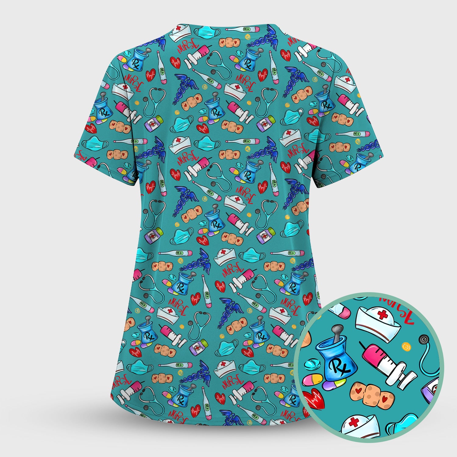 Nurse Medical Icons Stethoscope Heart Pattern Scrub Top, Comfortable Scrubs for Nurses