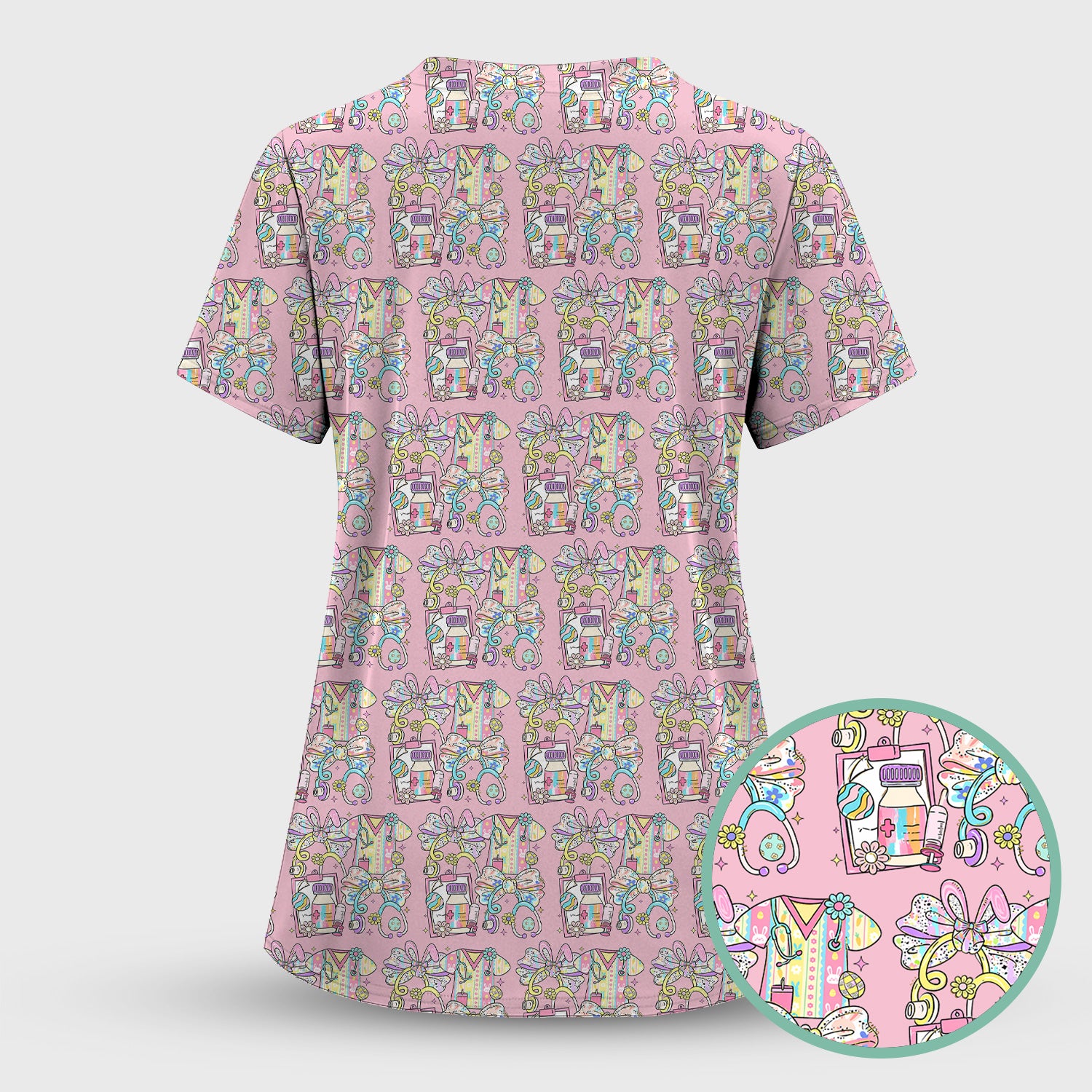 Colorful Nurse Scrub Supplies Pattern Scrub Top, Breathable Fabrics Nursing Uniform