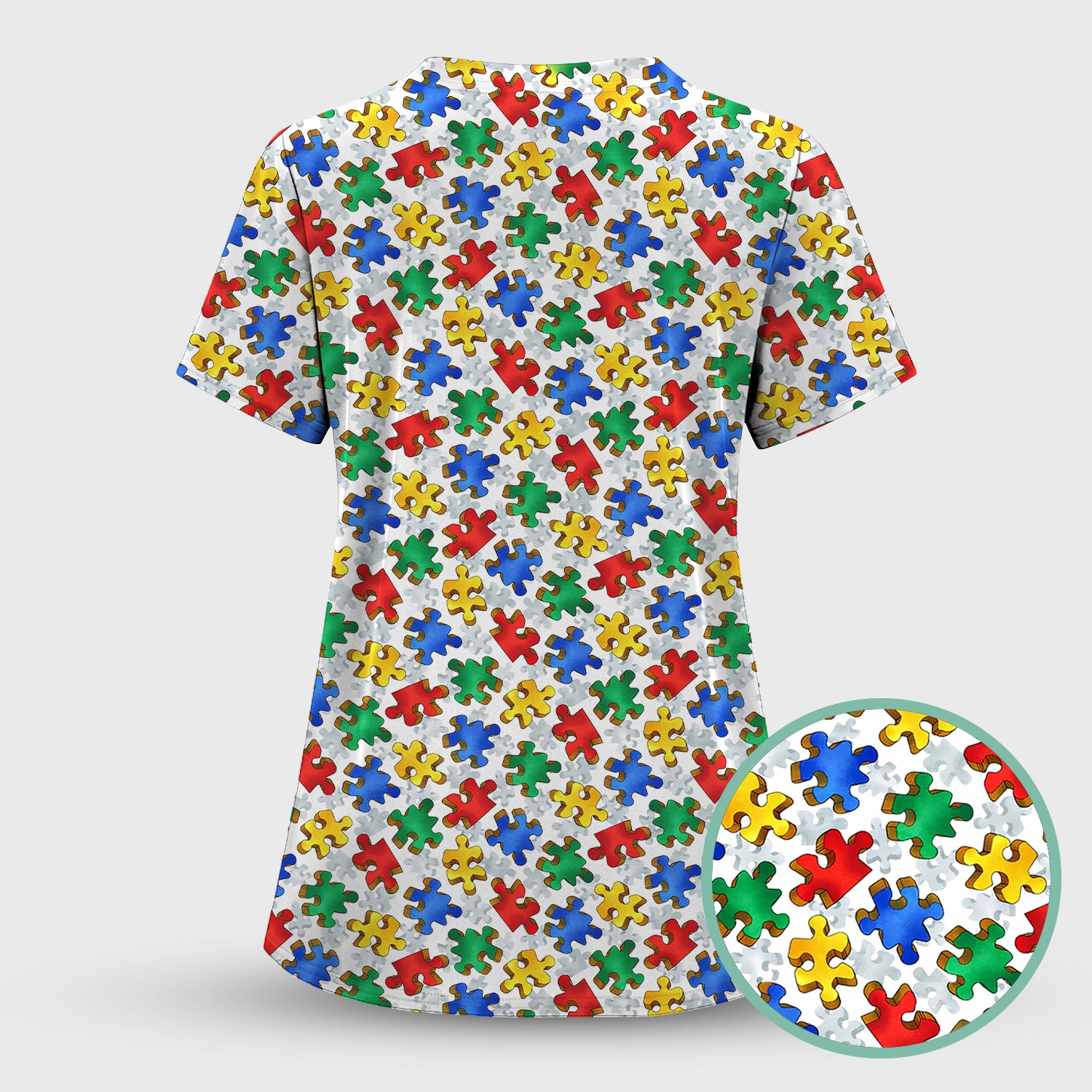 Colorful Autism Puzzle Piece Pattern Scrub Top, Comfortable Scrubs for Nurses