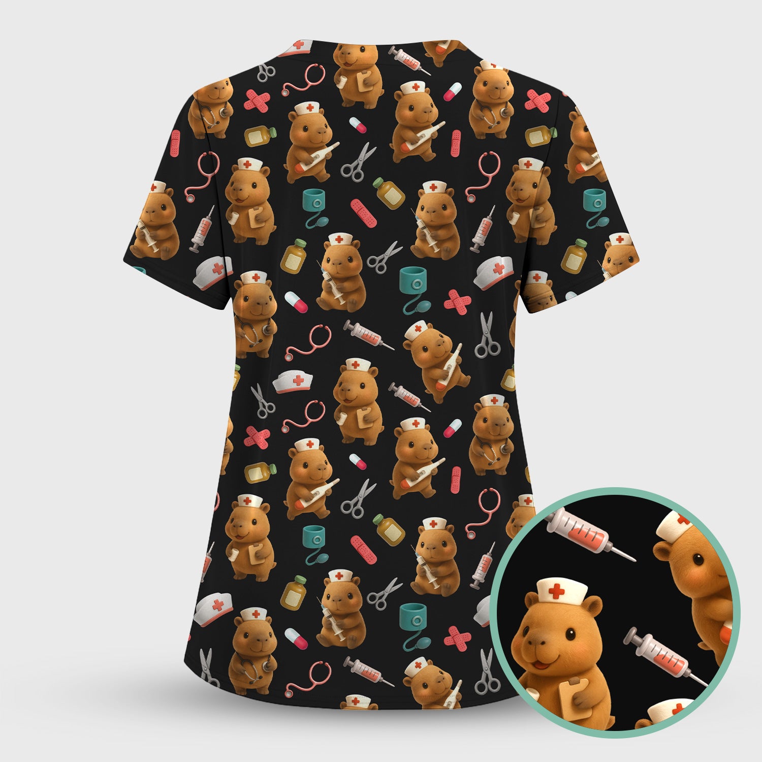 Funny Bear Scrub Top for Women - Nurse Hat and Syringe Pattern Medical Scrubs - Cute Teddy Nurse Shirt Gift for RN CNA LPN