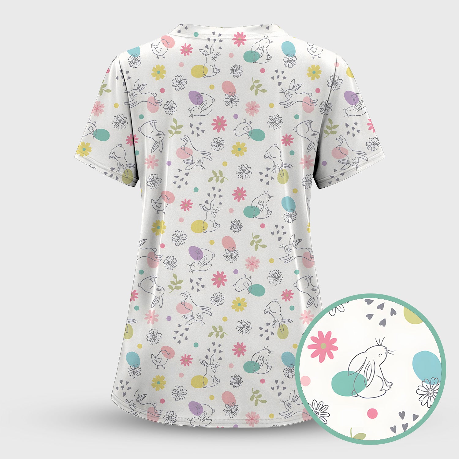 Whimsical Easter Bunny Eggs Pattern Scrub Top, Comfortable Scrubs for Nurses