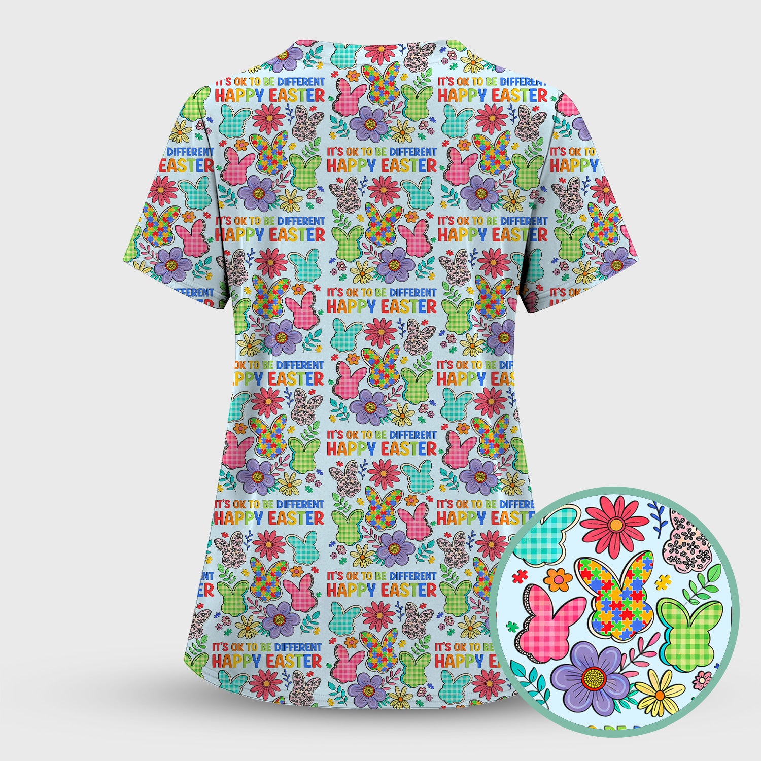 Happy Easter Bunny Floral Print Scrub Top, Breathable Fabrics Nursing Uniform