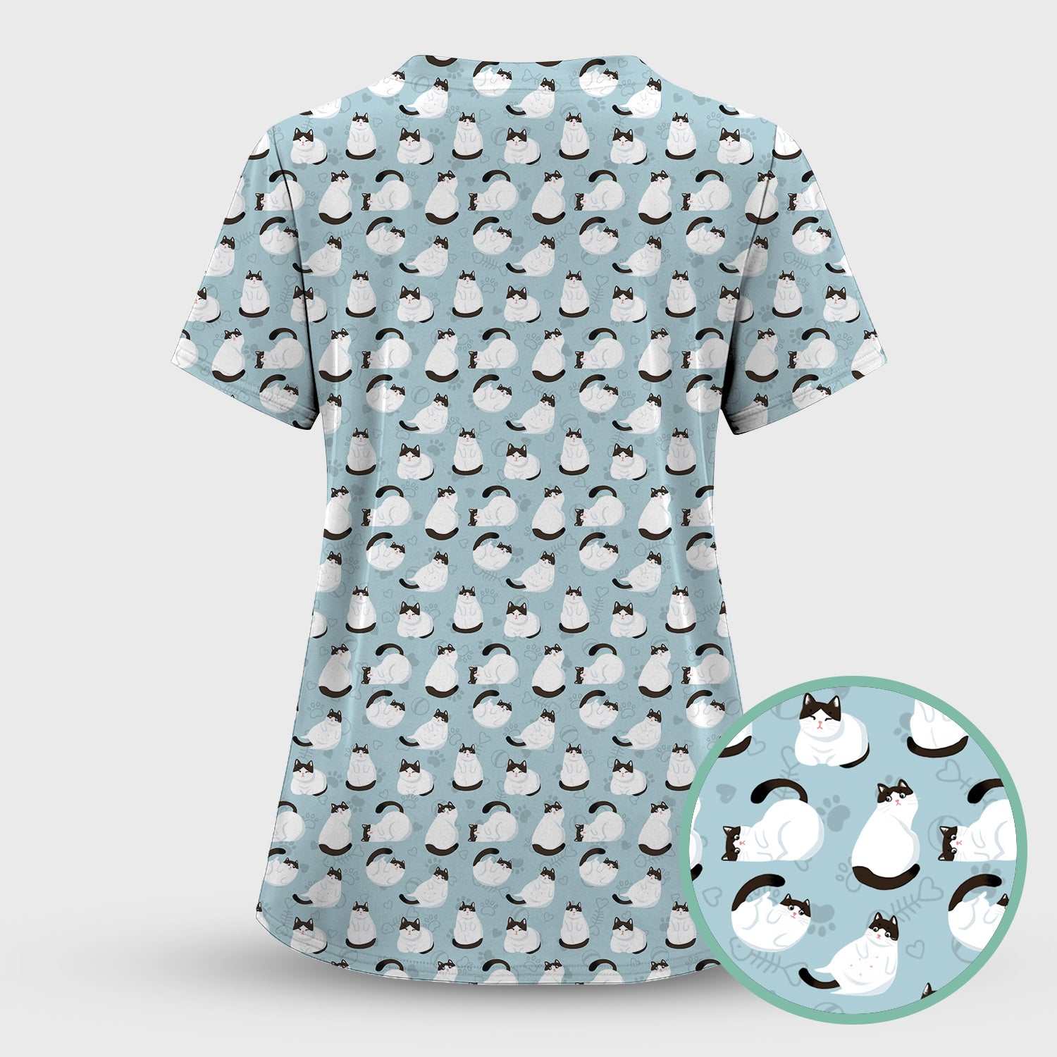 Cute Cat Pattern Medical Scrub Top, Breathable Fabrics Nursing Uniform