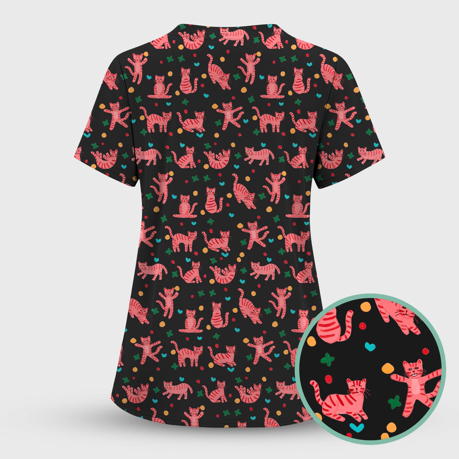 Cute Pink Cat Pattern Scrub Top, Comfortable Scrubs for Nurses