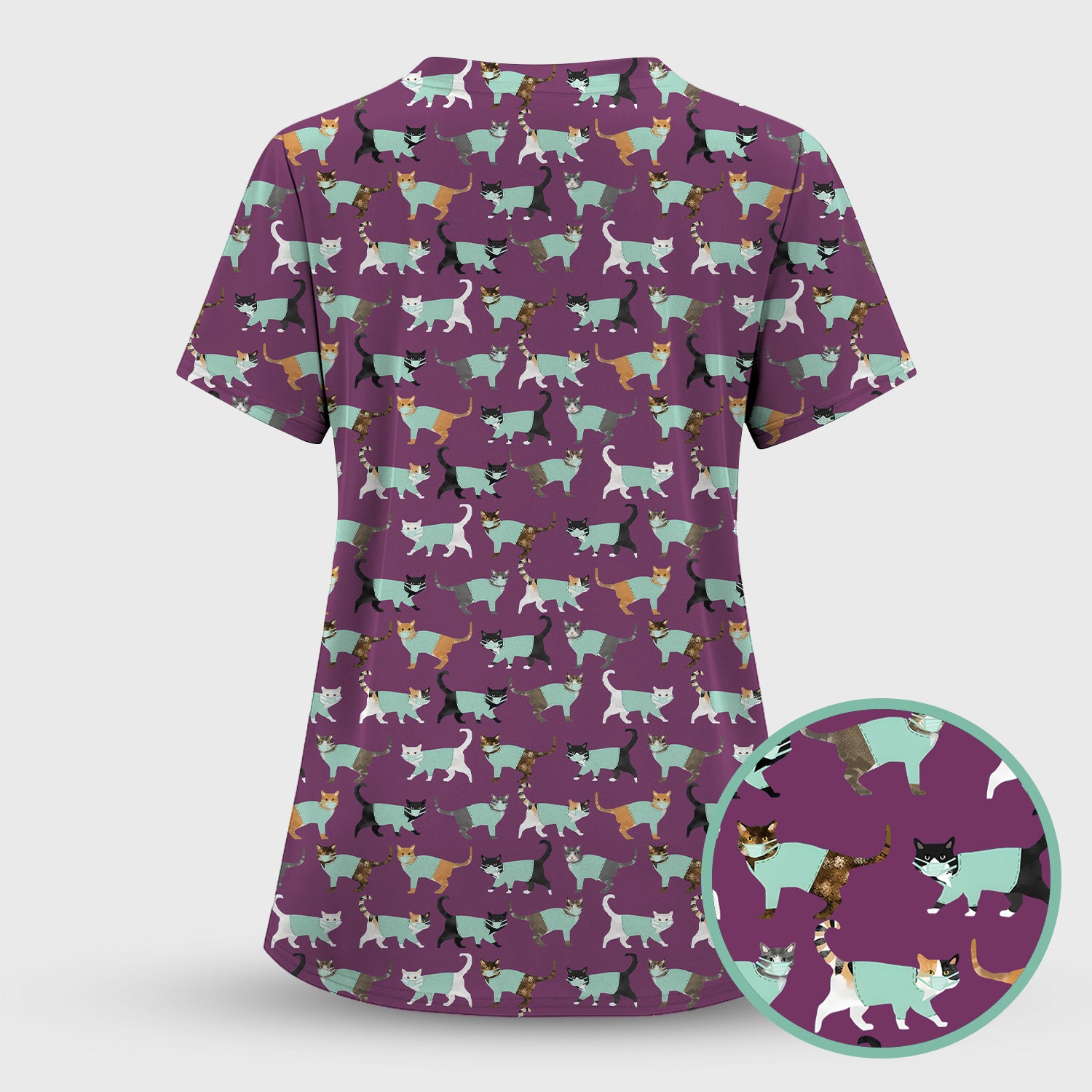 Playful Cat Nurse All Over Print Scrub Set, Scrub Pants and V Neck Top