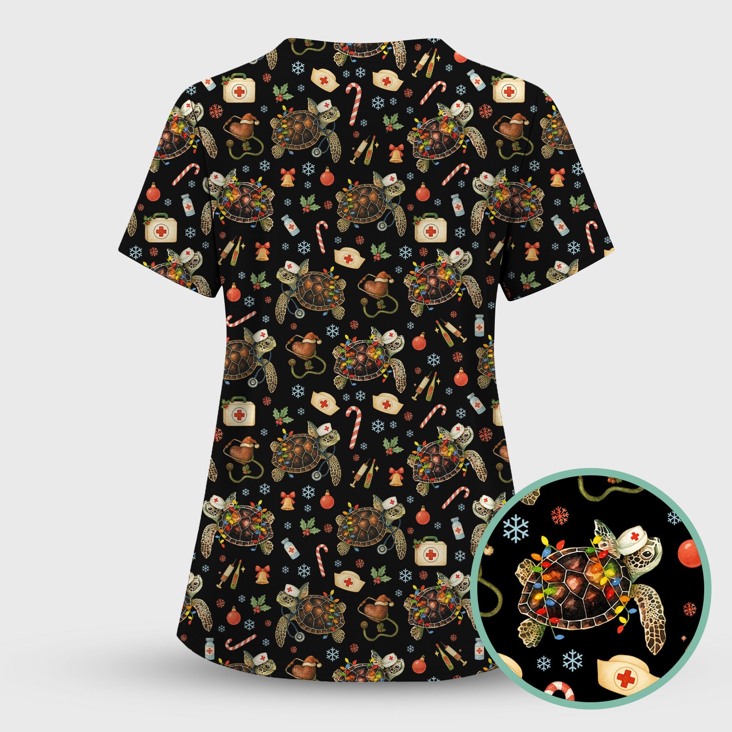 Funny Christmas Scrub Top - Sea Turtle with Xmas Lights Shirt - Holiday Nurse Scrubs for Women