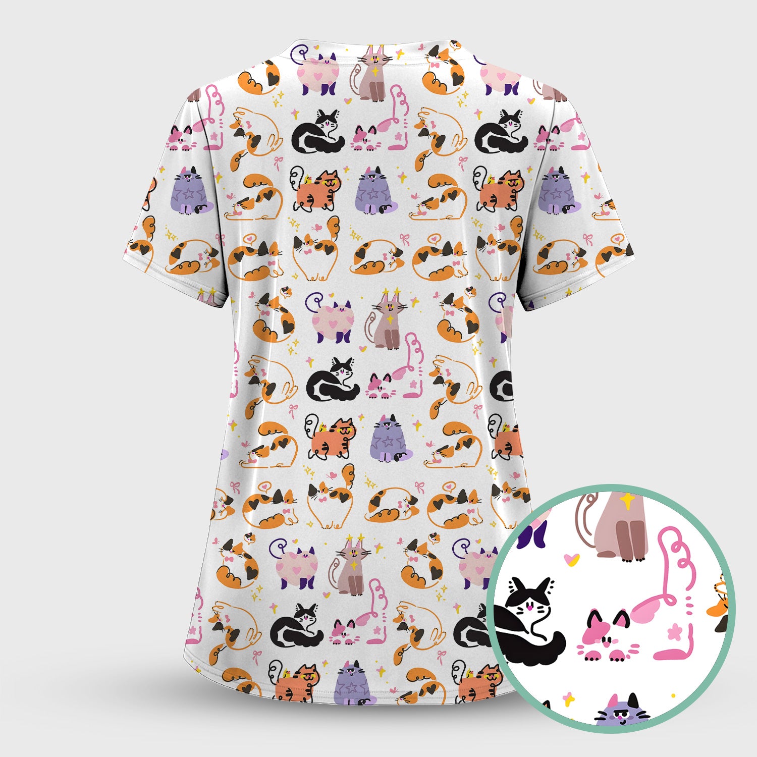 Funny Cat Pattern Scrub Top, Cute Cats Nursing Uniform For Women