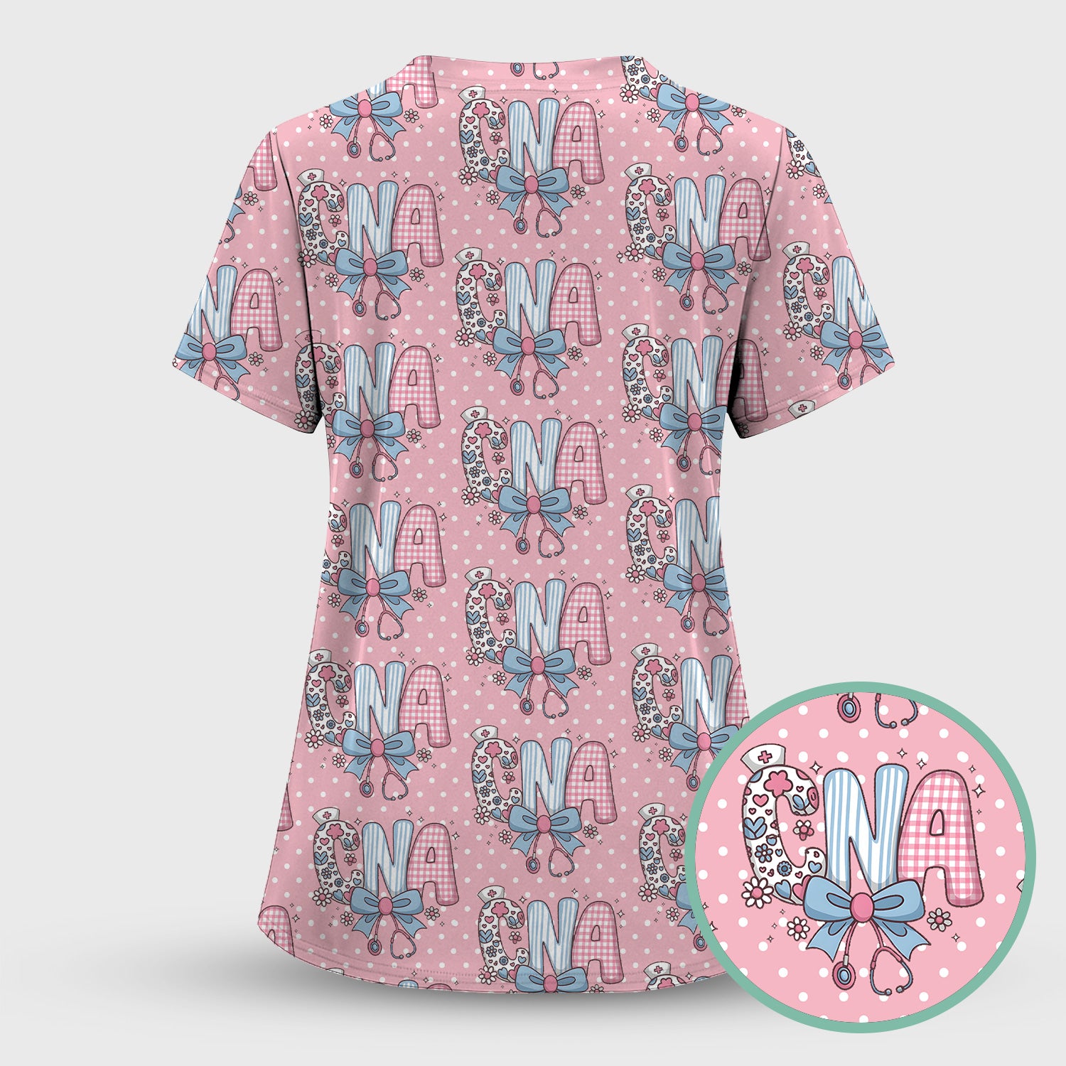Cute CNA Floral Bow Pattern Scrub Set, Scrub Pants and V Neck Top, Breathable Med Uniform